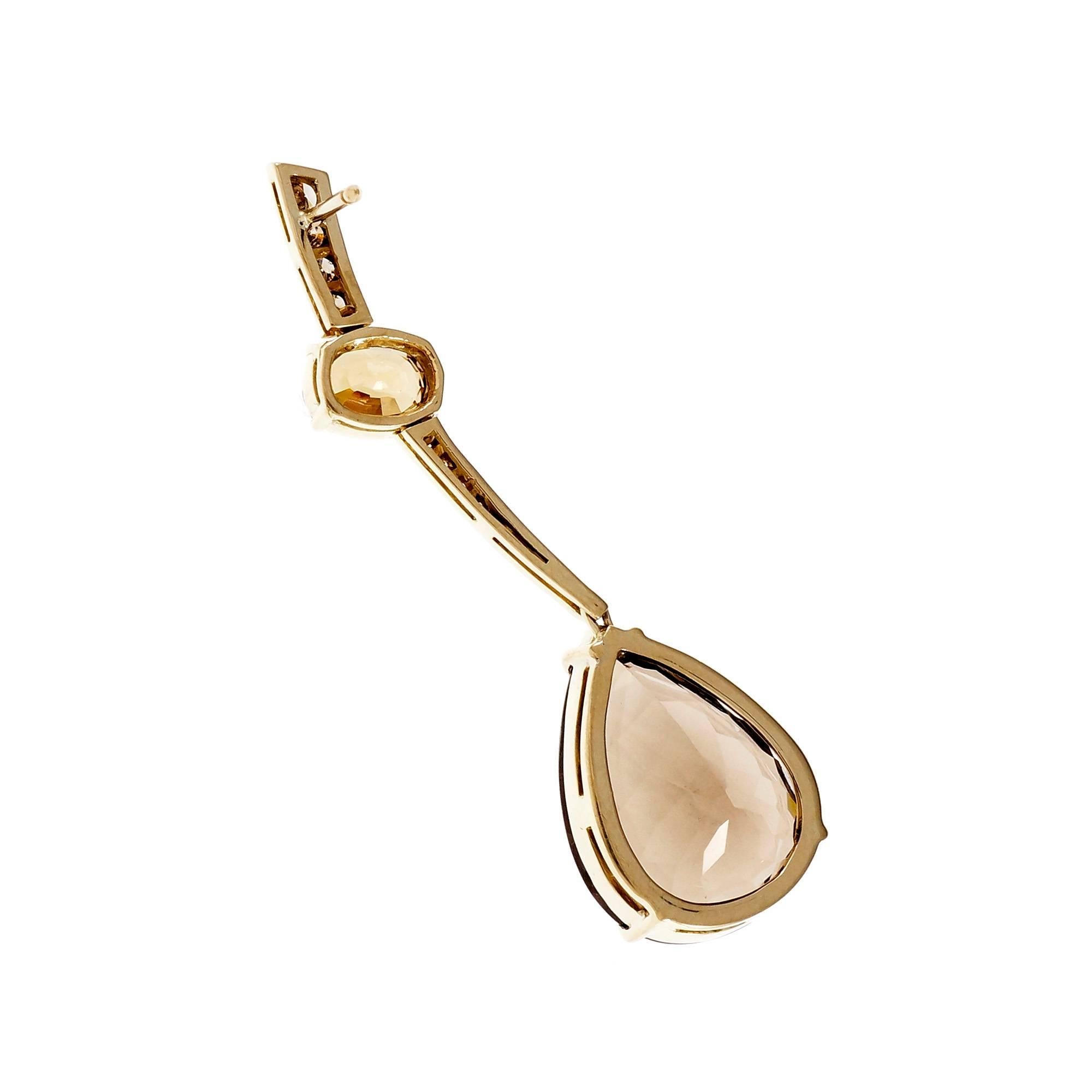 Smoky Quartz Citrine Diamond Gold Dangle Earrings In Good Condition In Stamford, CT