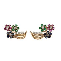 Diamond Emerald Sapphire Ruby Gold Flower Earrings