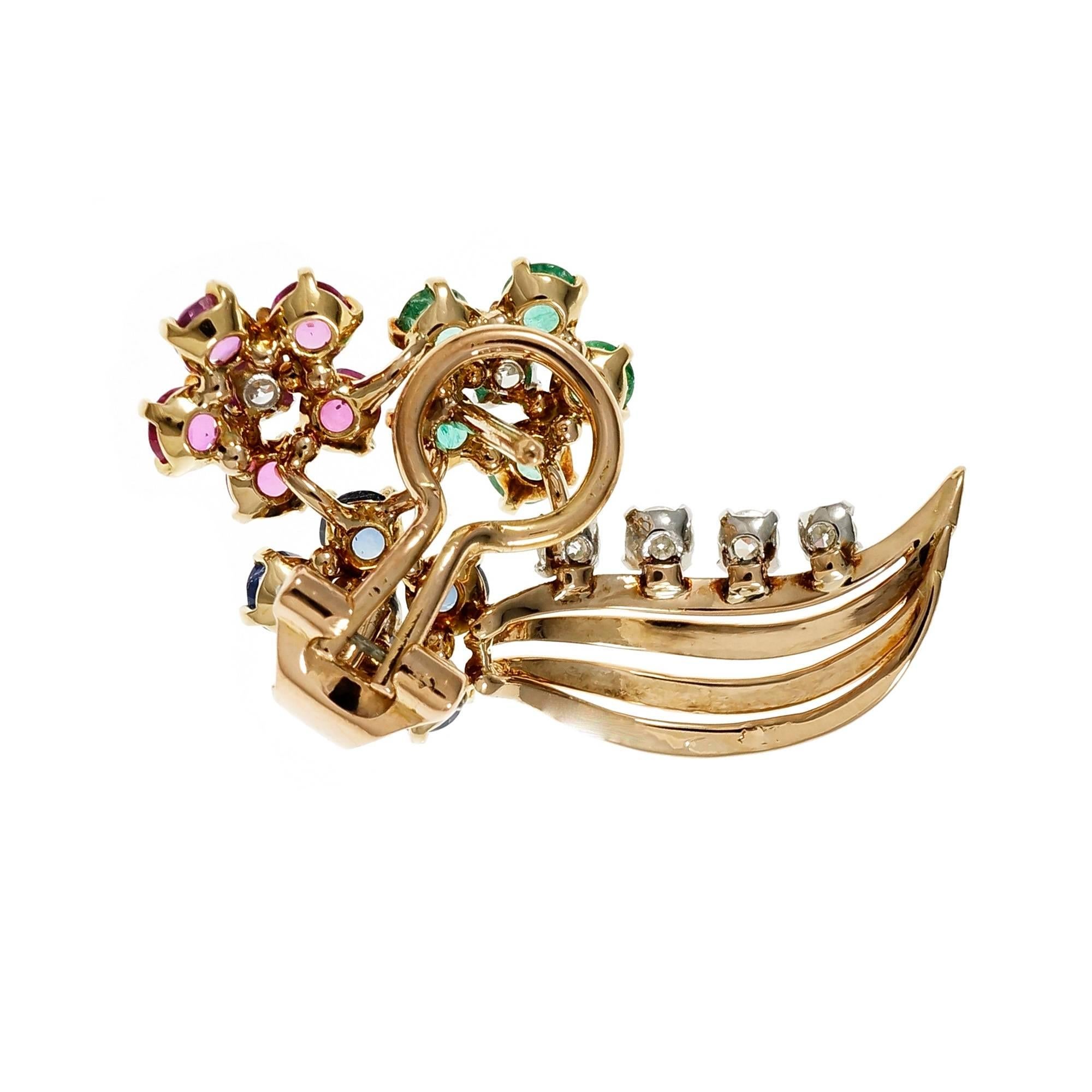 Women's Diamond Emerald Sapphire Ruby Gold Flower Earrings