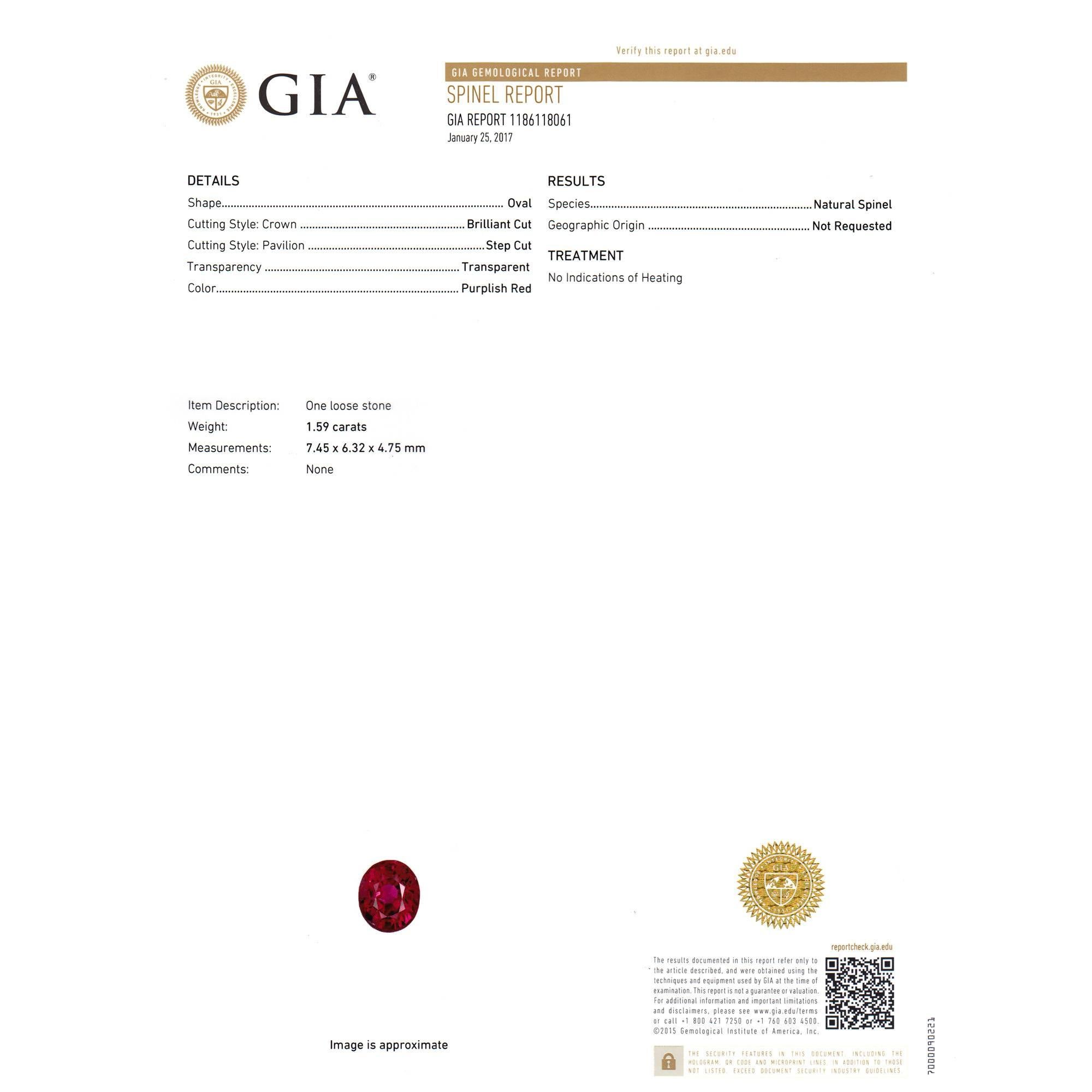 Mondera Mondera Verlobungsring, GIA zertifiziert 1,59 Karat roter Spinell Diamant Platin im Zustand „Gut“ im Angebot in Stamford, CT