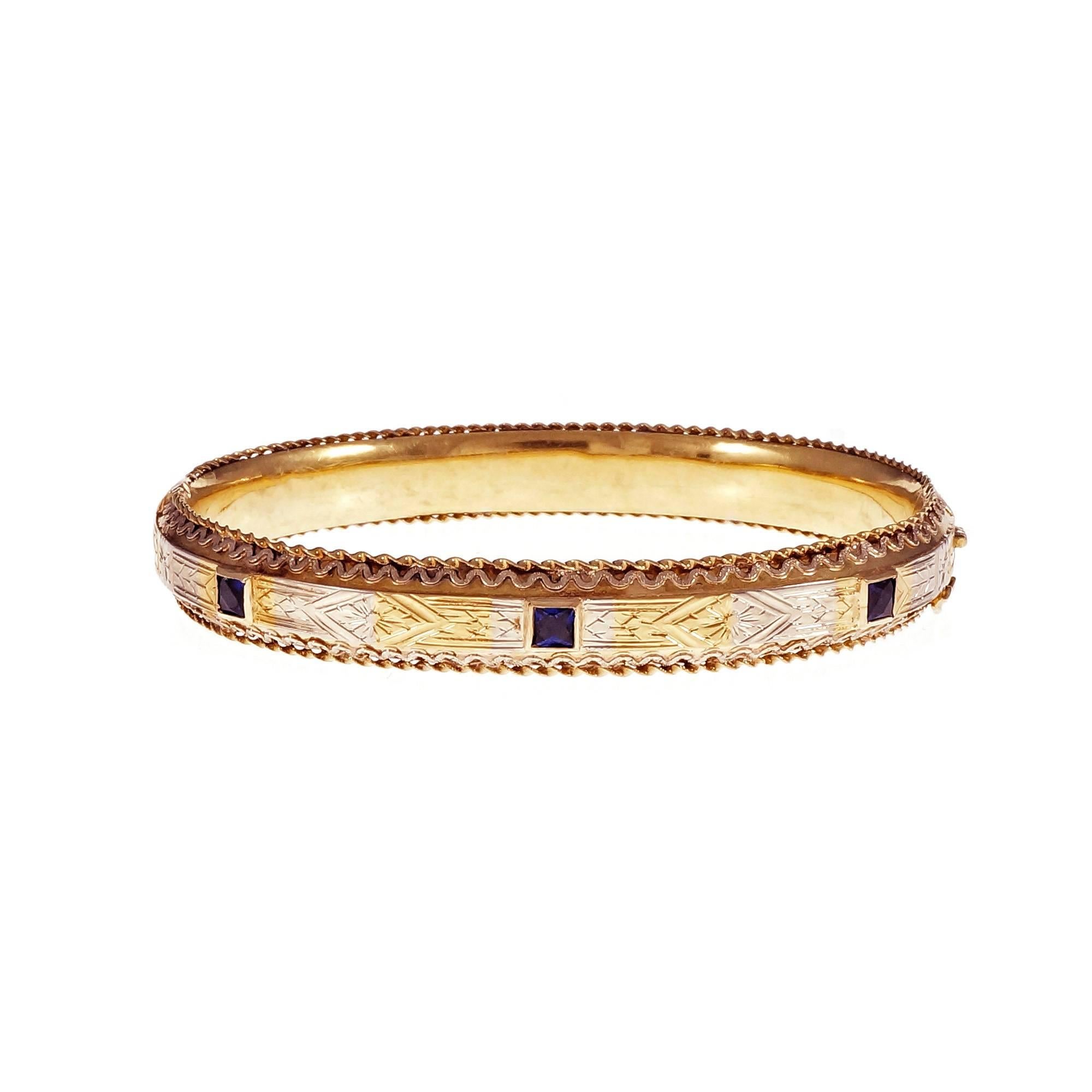 Women's Sapphire Gold Hand Engraved Bangle Bracelet  