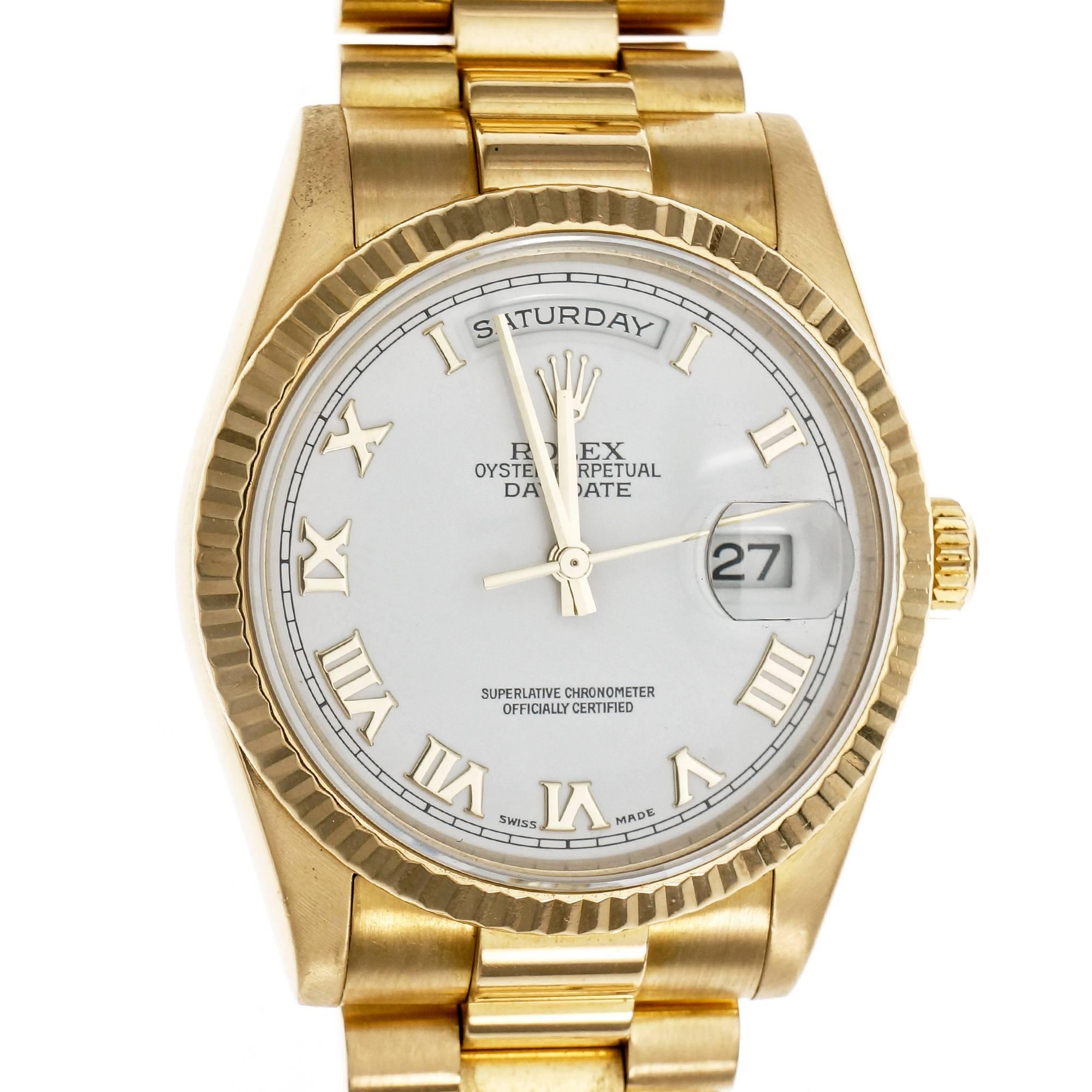 Rolex Yellow Gold President Perpetual White Dial Roman Numerals Wristwatch