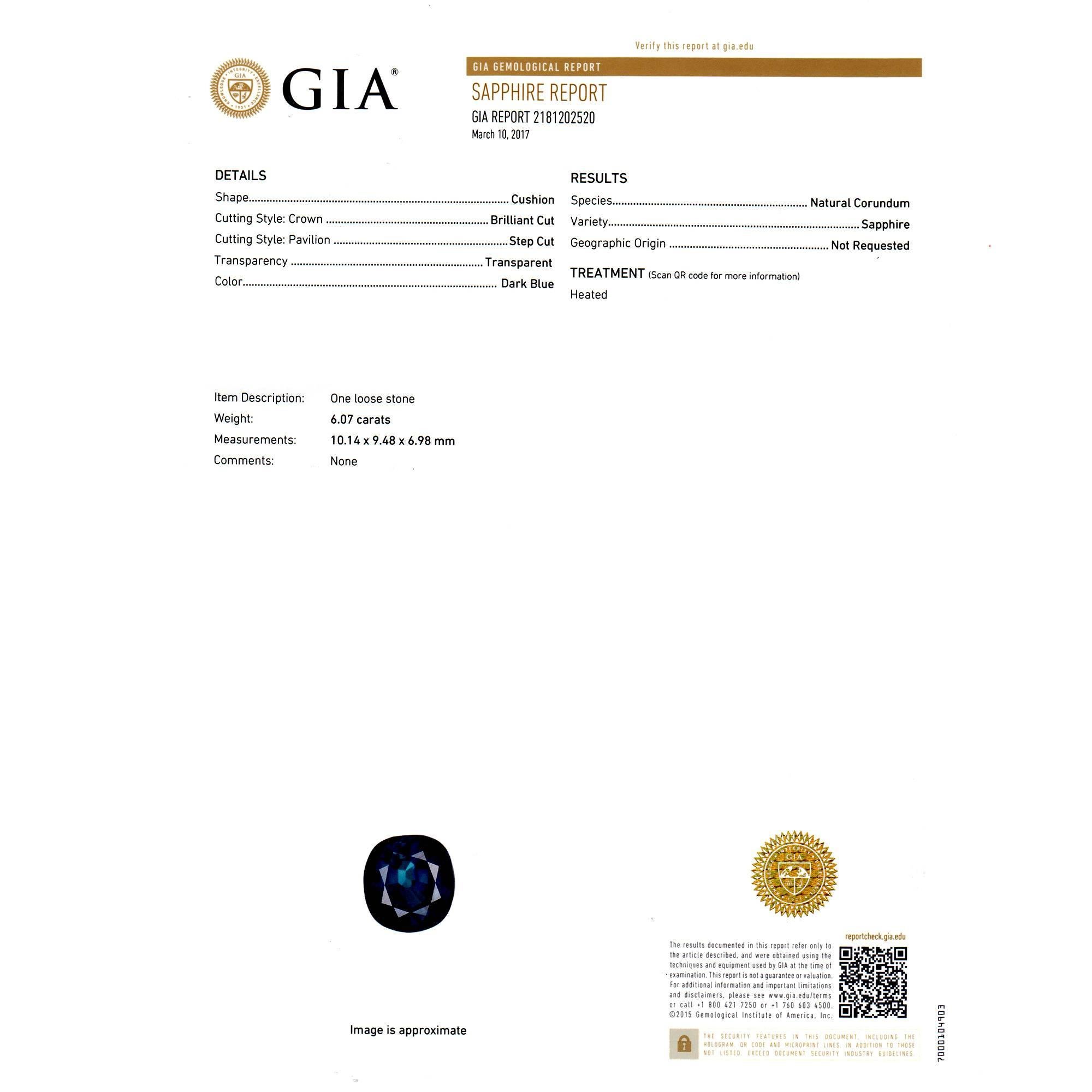 Platin-Verlobungsring mit GIA-zertifiziertem 6,07 Karat Saphir und Diamant im Angebot 5