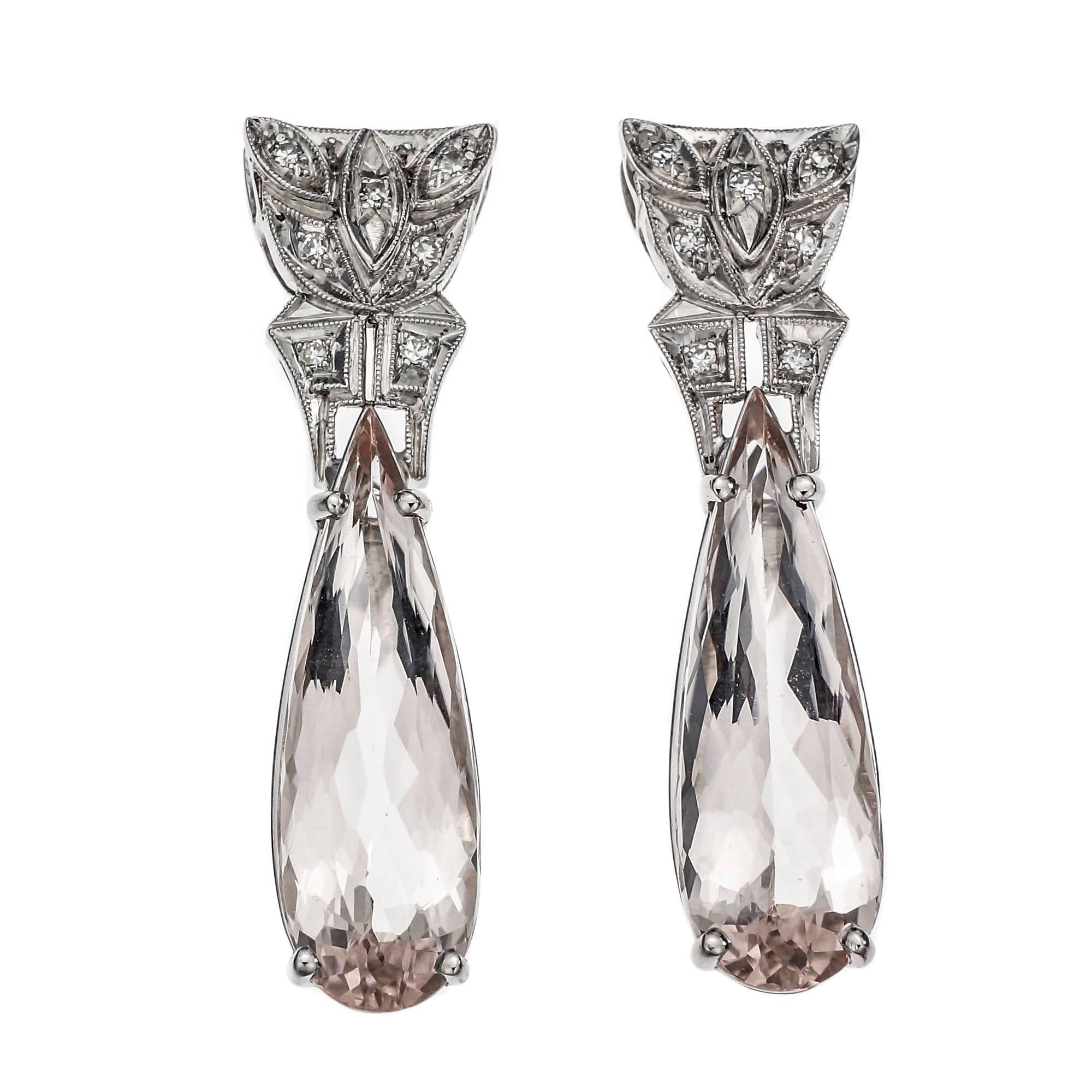 Pear Morganite Diamond Platinum Dangle Earrings, circa 1940 For Sale