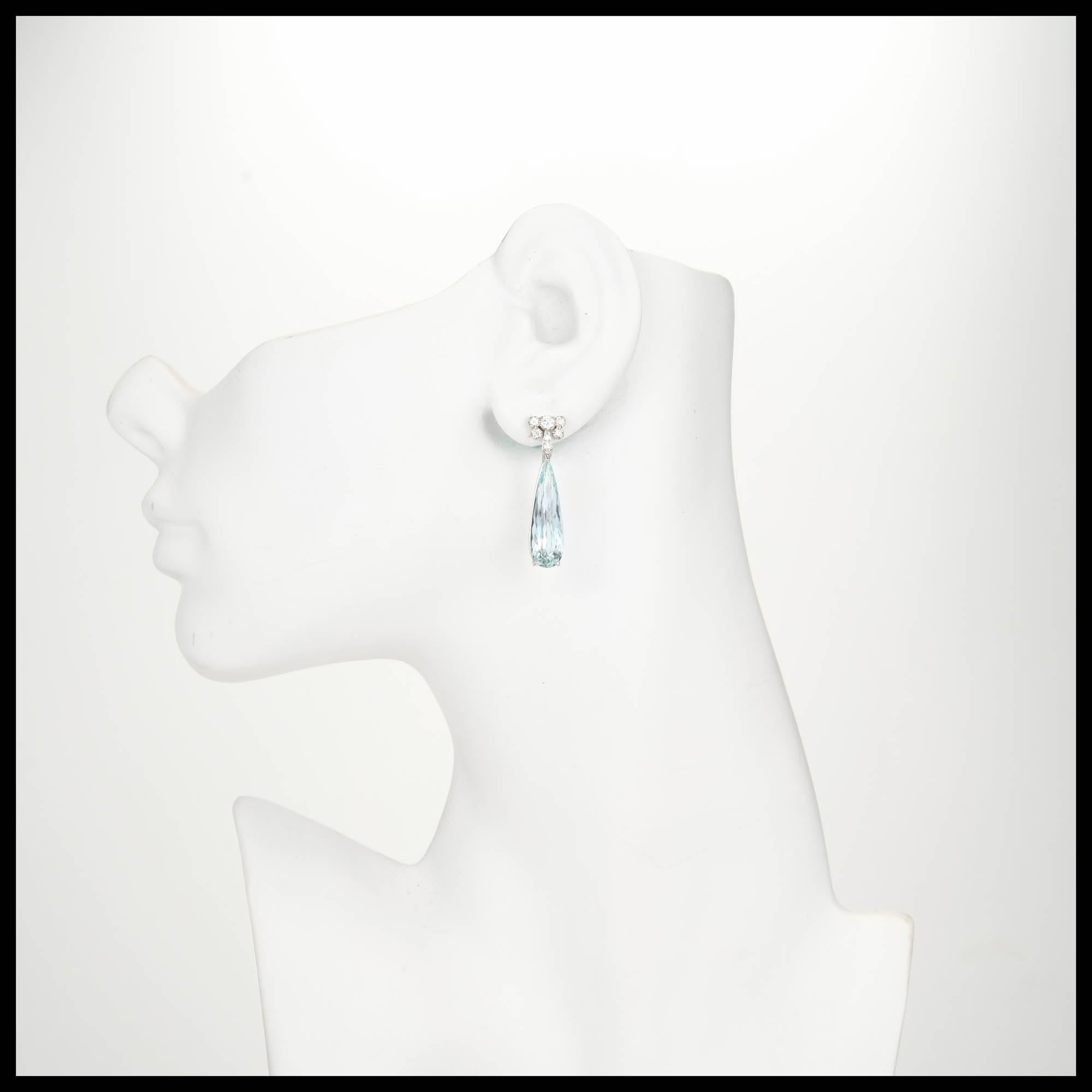 Women's 1940s 9.39 Carat Natural Pear Aqua Diamond Platinum Dangle Earrings