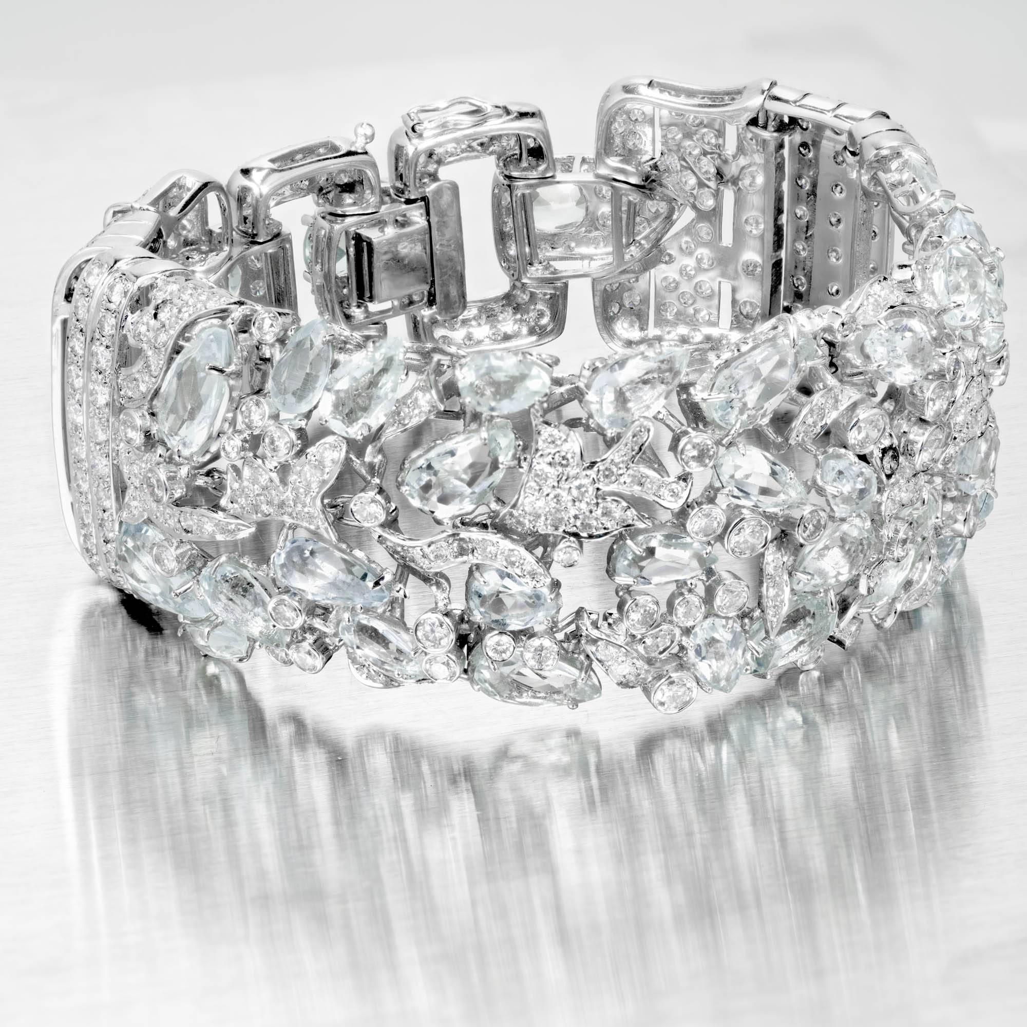 43.62 Carat Aquamarine Diamond White Gold Wide Bracelet In Good Condition In Stamford, CT