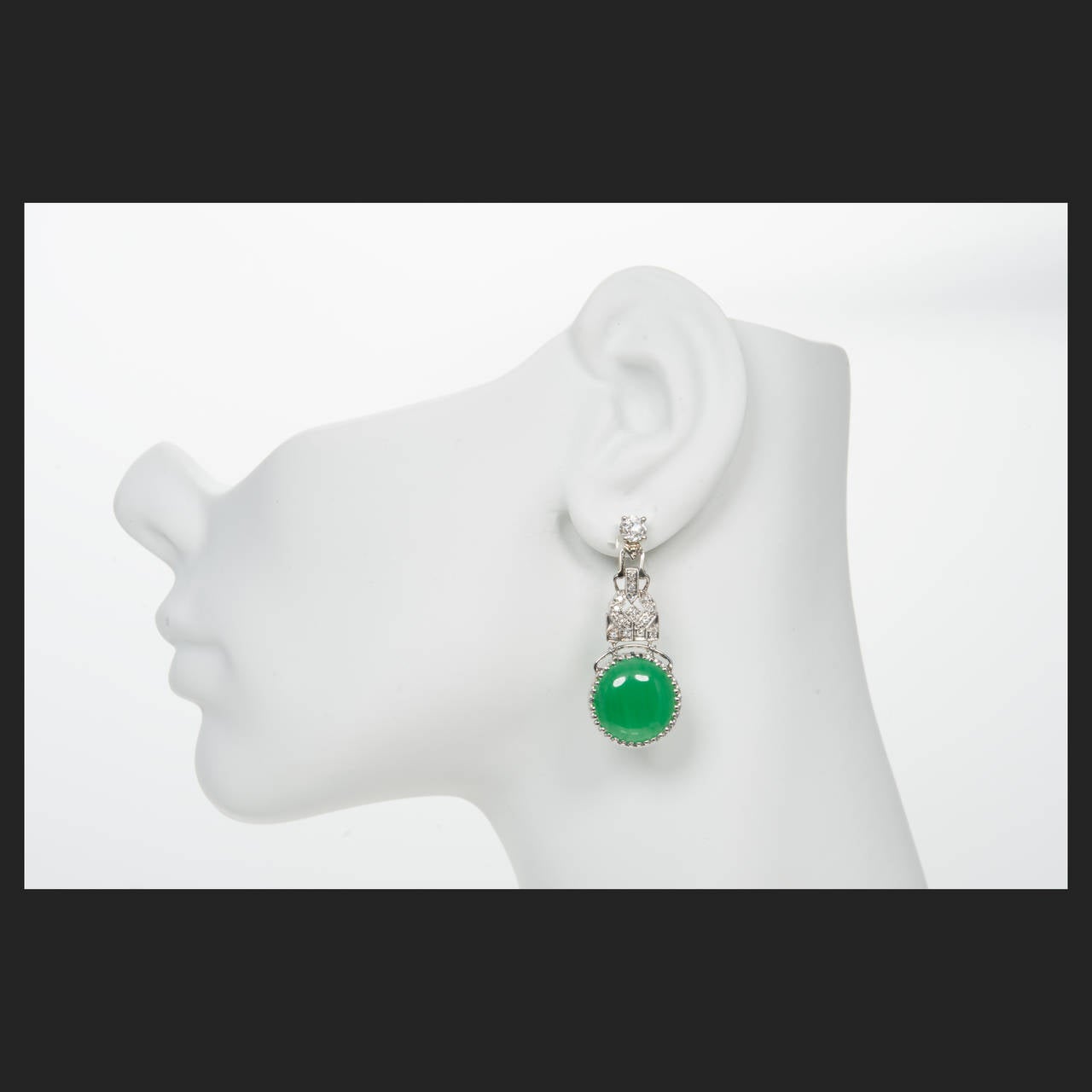 Women's GIA Certified Jadeite Jade Old Mine Diamond Platinum Dangle Earrings For Sale