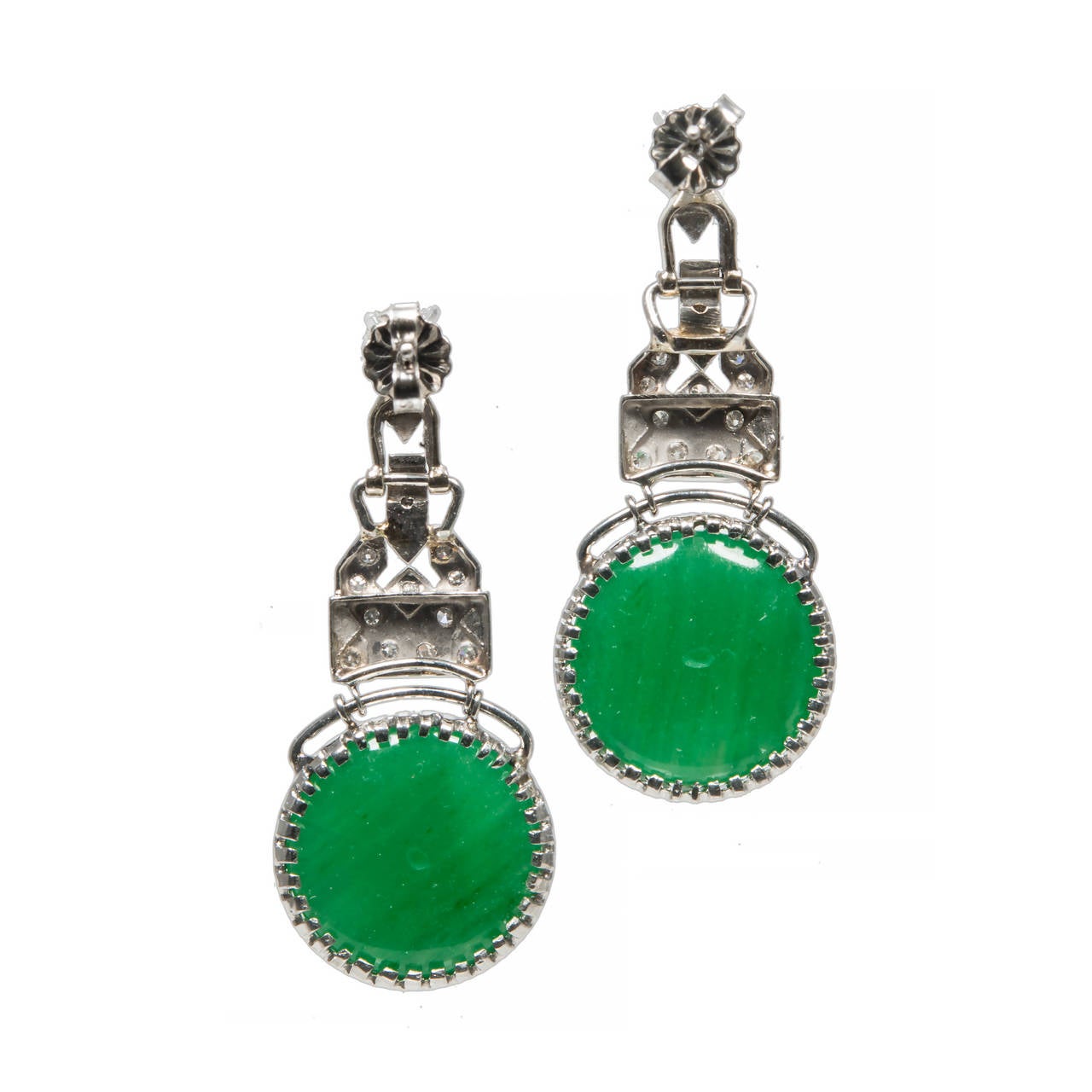 GIA Certified Jadeite Jade Old Mine Diamond Platinum Dangle Earrings In Excellent Condition For Sale In Stamford, CT