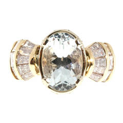Clear Pale Blue Aquamarine Diamond Gold Tapered Baguette Ring 6