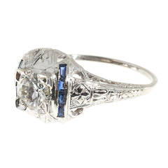 Art Deco Diamond and Sapphire Domed Engraved Filigree White Gold Ring 9