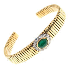 Cabochon Emerald Diamond Gold Coiled Bangle Bracelet