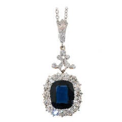 Victorian Natural No Heat Cushion Sapphire Diamond Platinum Necklace