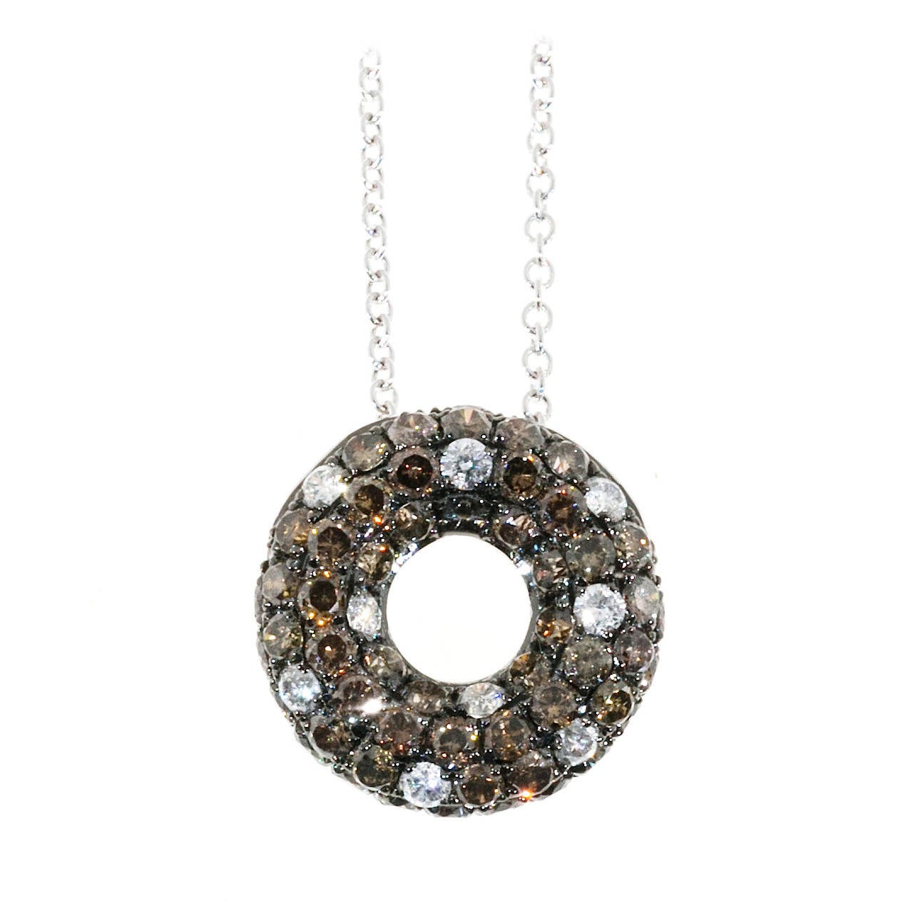 Dilimani 3-D Donut Shape Pave Chocolate and White Diamond Gold Pendant
