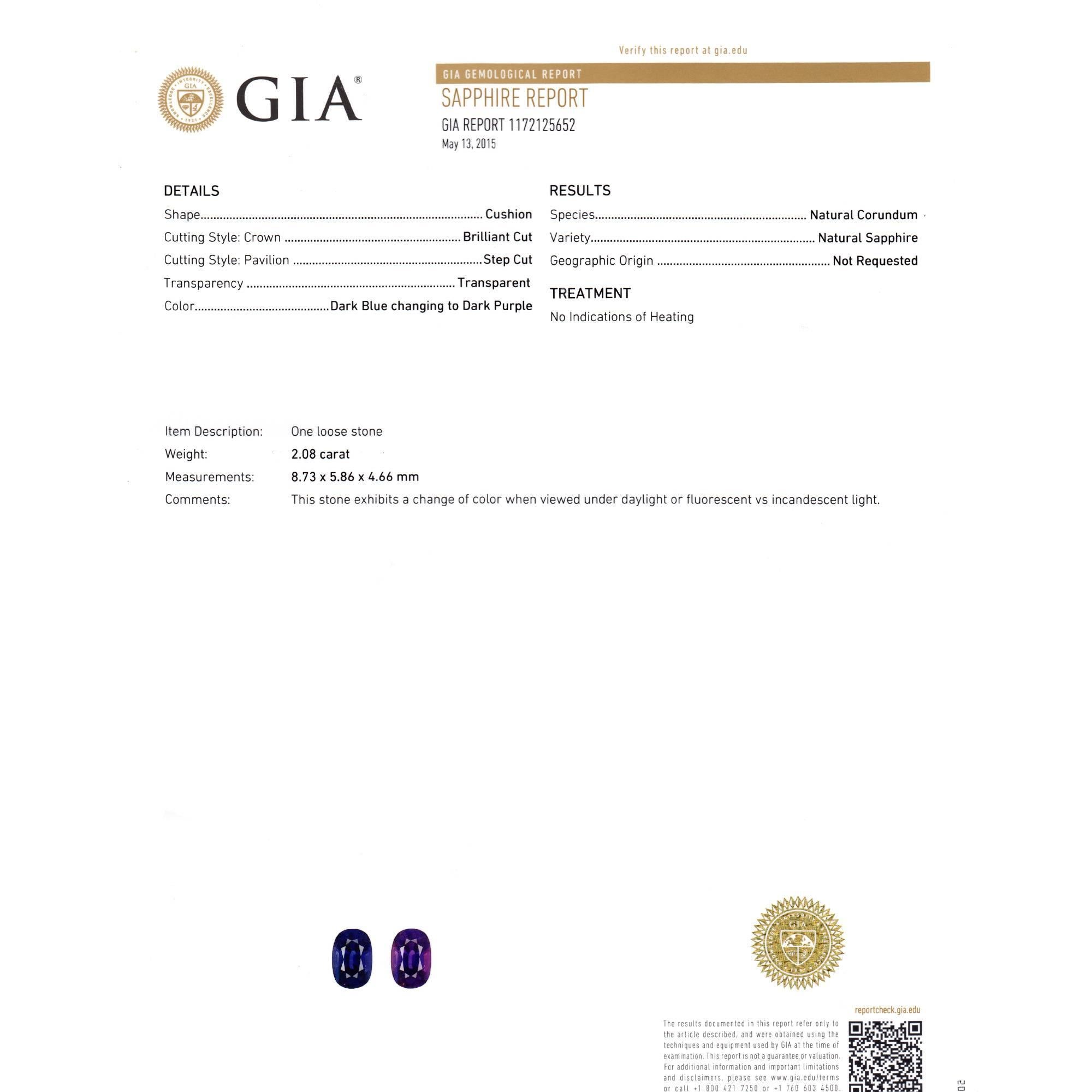 Cushion Cut GIA Certified 2.08 Carat Color Change Sapphire Diamond Gold Engagement Ring For Sale