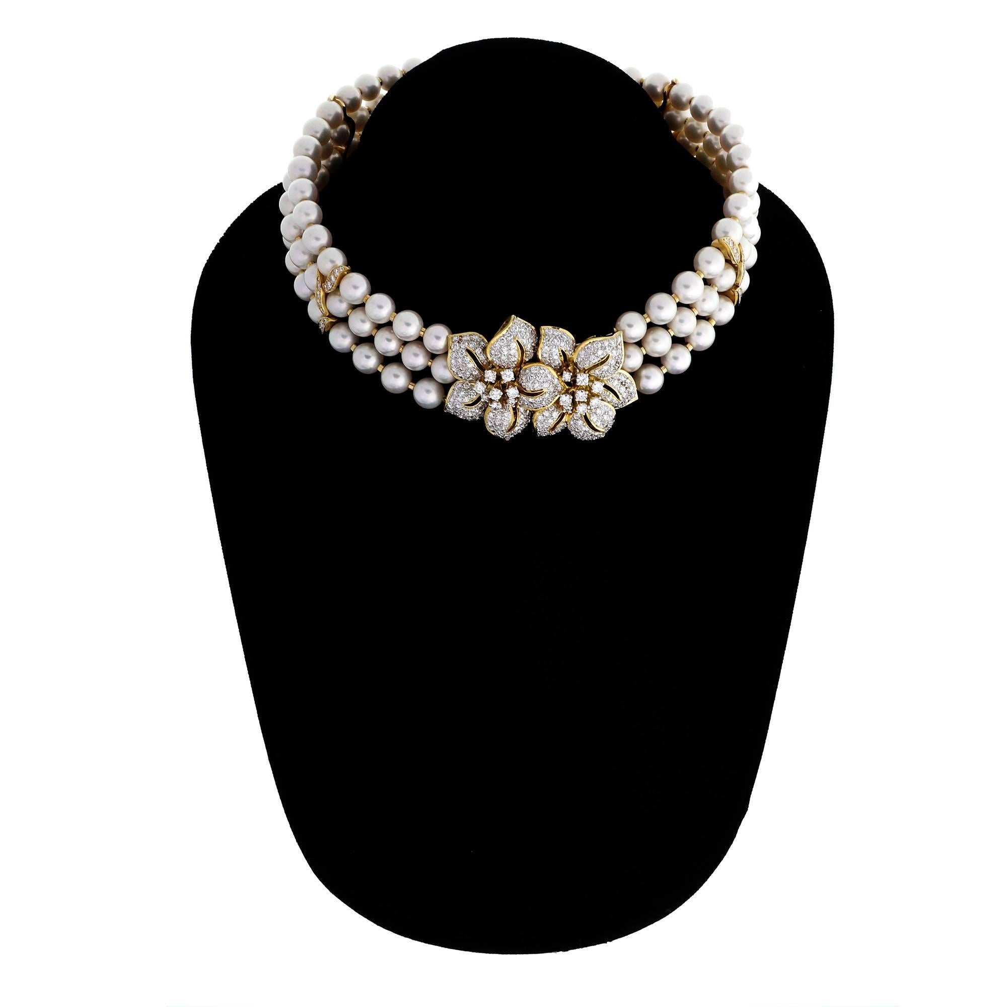 Women's Three-Row Cultured Pearl Diamond Gold Collar Choker Necklace
