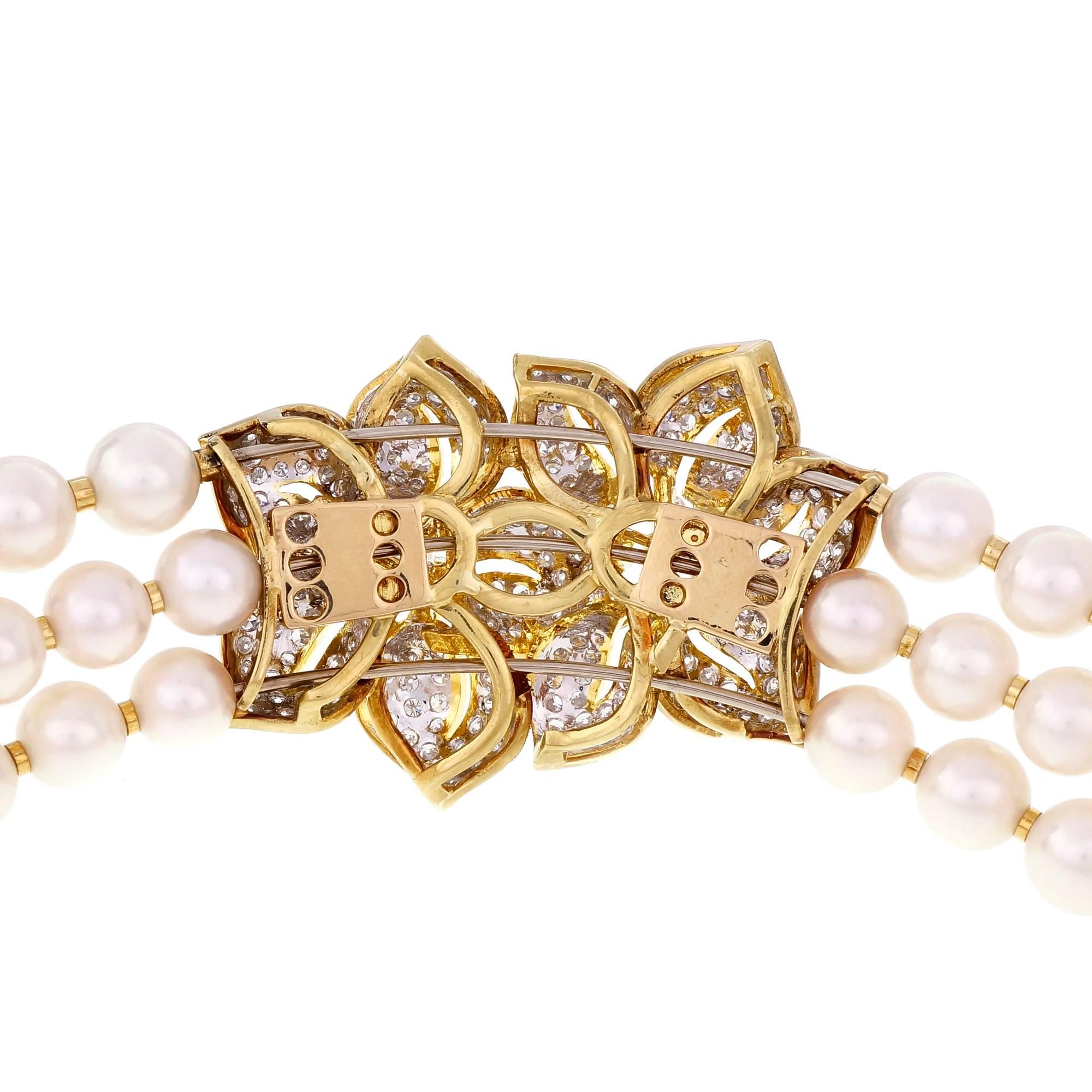Three-Row Cultured Pearl Diamond Gold Collar Choker Necklace In Good Condition In Stamford, CT
