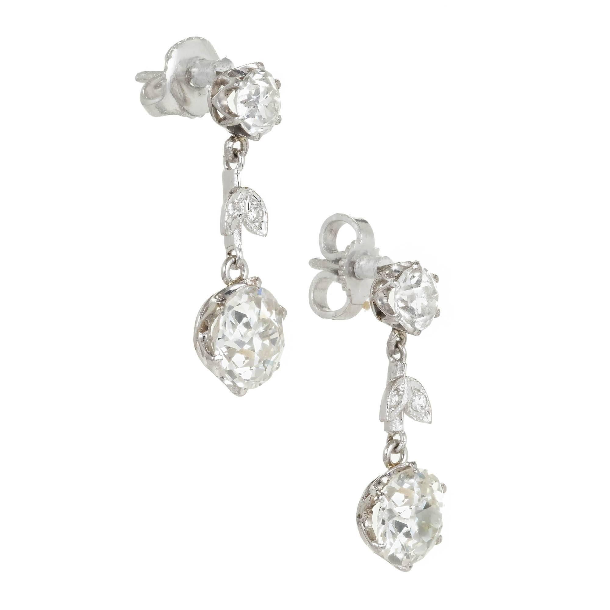 Turn of the century original handmade circa 1900-1910 bright sparkly Old European cut diamond dangle earrings. Delicate Edwardian Deco design with Victorian influence.  Very bright cut. EGL Certified.

2  EGL certified Old European cut Diamonds