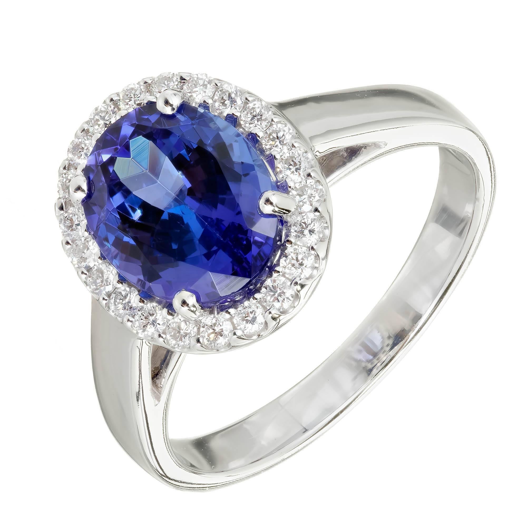 Peter Suchy oval Tanzanite Diamond cocktail ring with bright white full cut Diamonds surrounding a beautiful bright blue oval Tanzanite in a 18k white gold setting. 
	 
1 oval purplish-blue Tanzanite, approx. total weight 2.22cts, 9 x 7mm
23 round