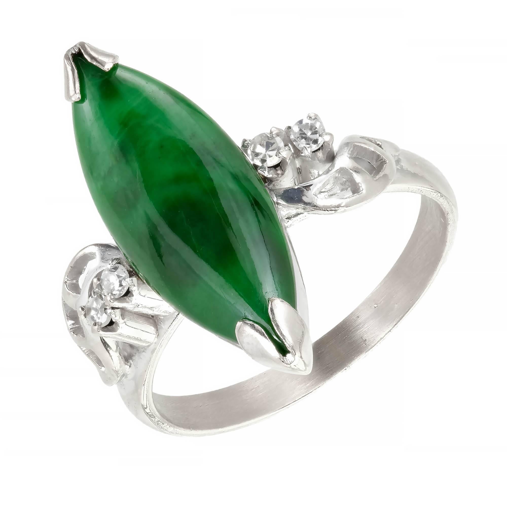 GIA Certified Marquise Natural Jadeite Jade Diamond Gold Cocktail Ring For Sale 1