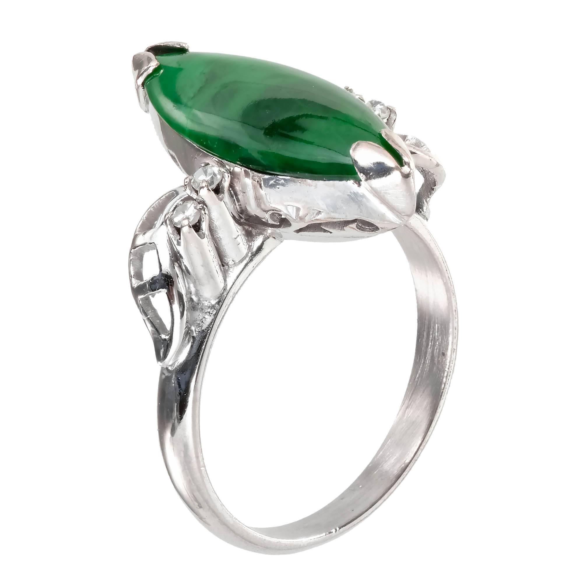 GIA Certified Marquise Natural Jadeite Jade Diamond Gold Cocktail Ring For Sale 2