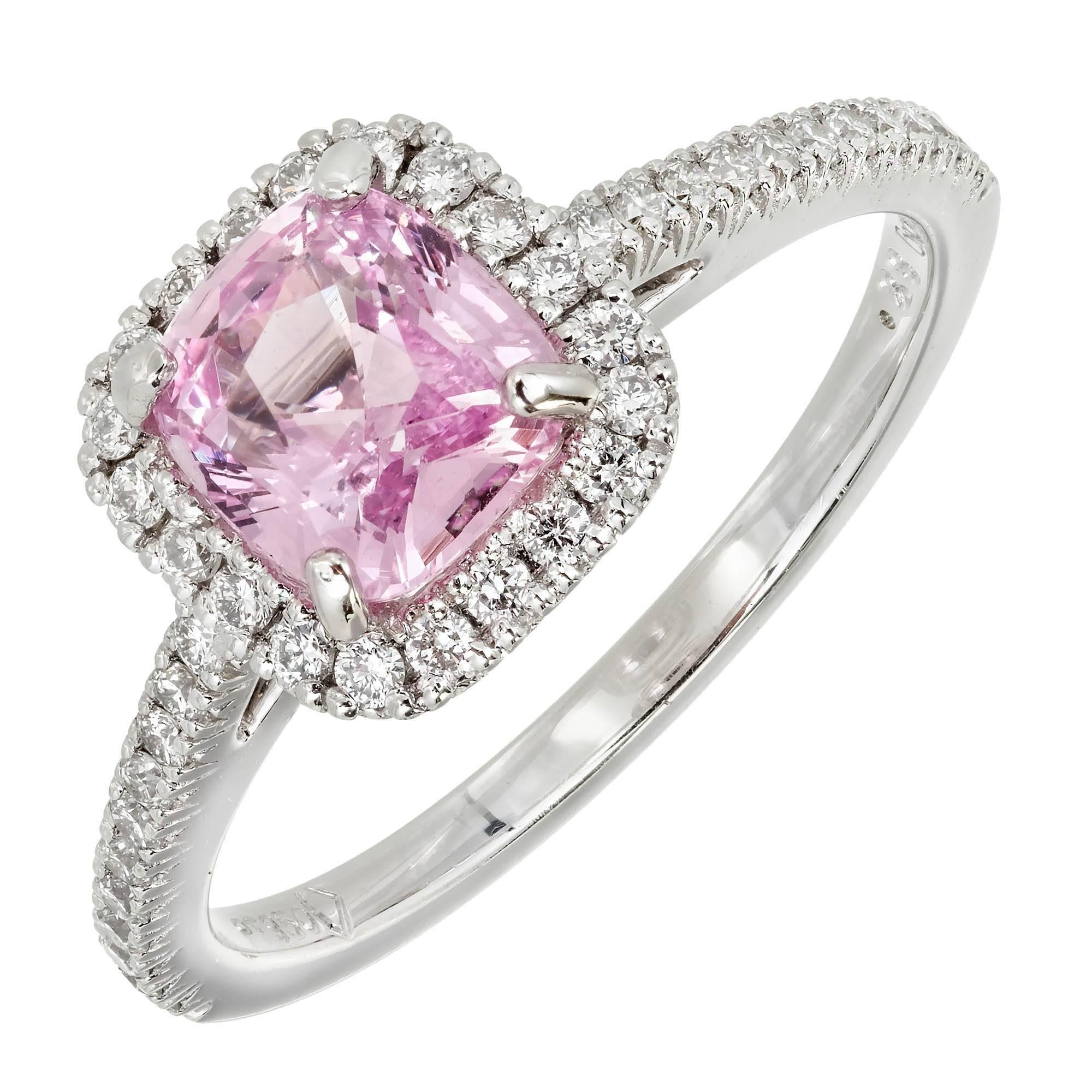 Cushion cut bright sparkly cushion cut pink sapphire and diamond halo platinum engagement ring. GIA certified natural Sapphire.

1 cushion pink natural Sapphire, no enhancements, approx. total weight 1.54cts, GIA certificate #6183476385 
42 full cut