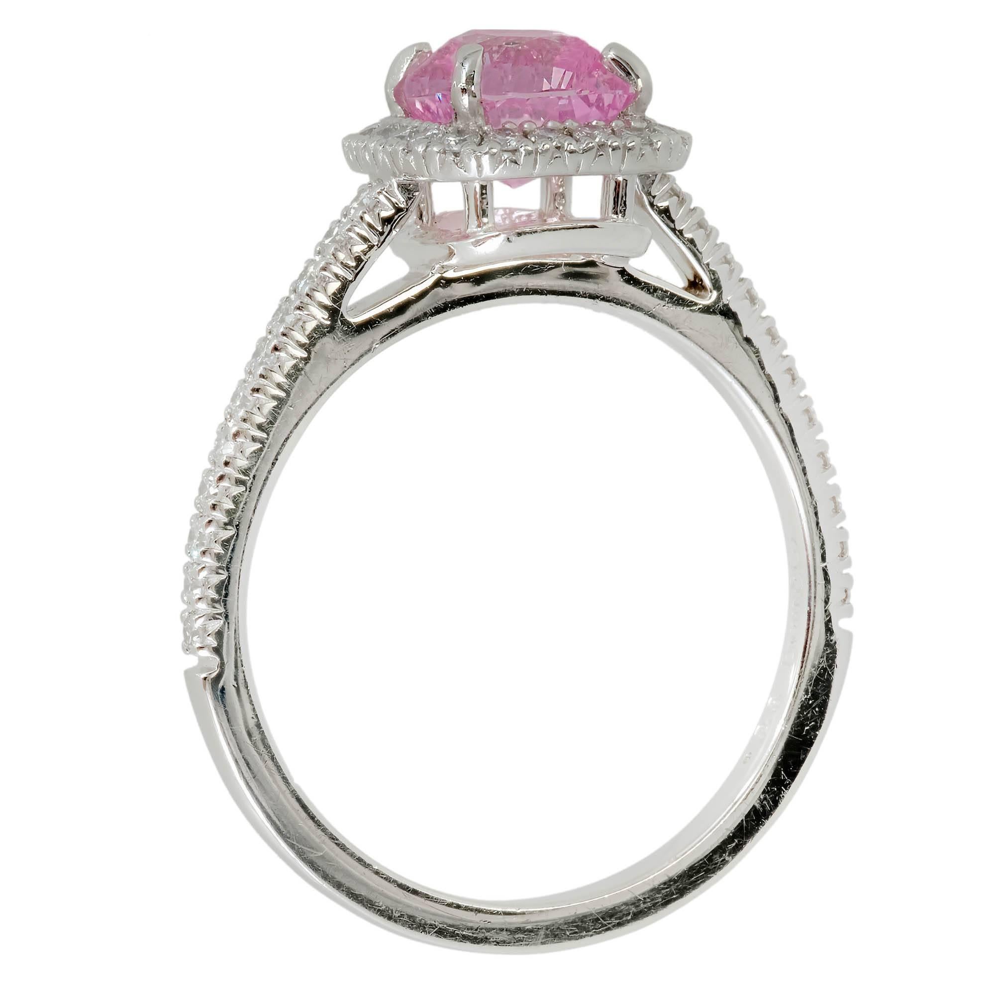 Cushion Cut GIA Certified 1.54 Carat Pink Sapphire Halo Diamond Platinum Engagement Ring