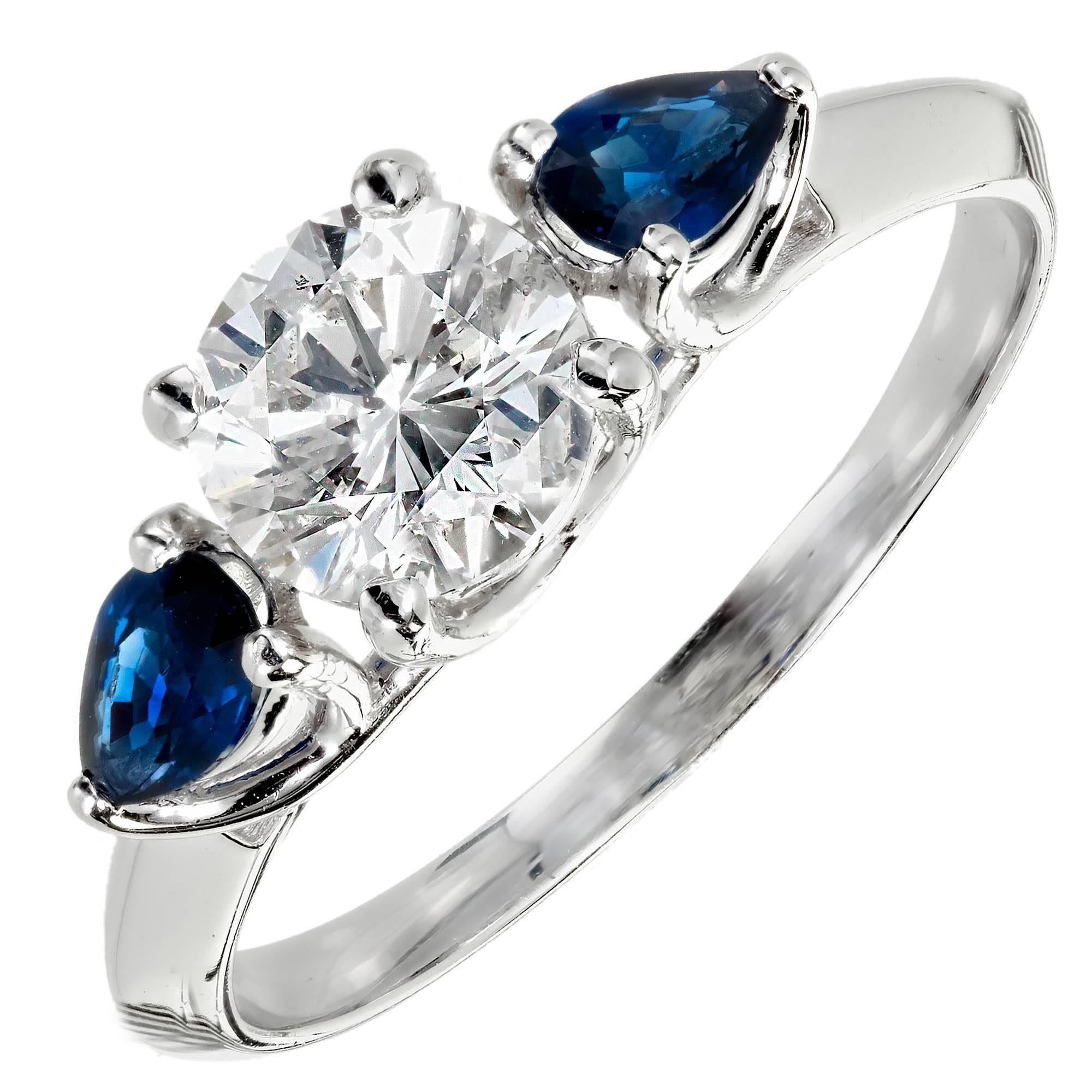 Peter Suchy GIA Round Diamond Sapphire Platinum Engagement Three-Stone Ring For Sale