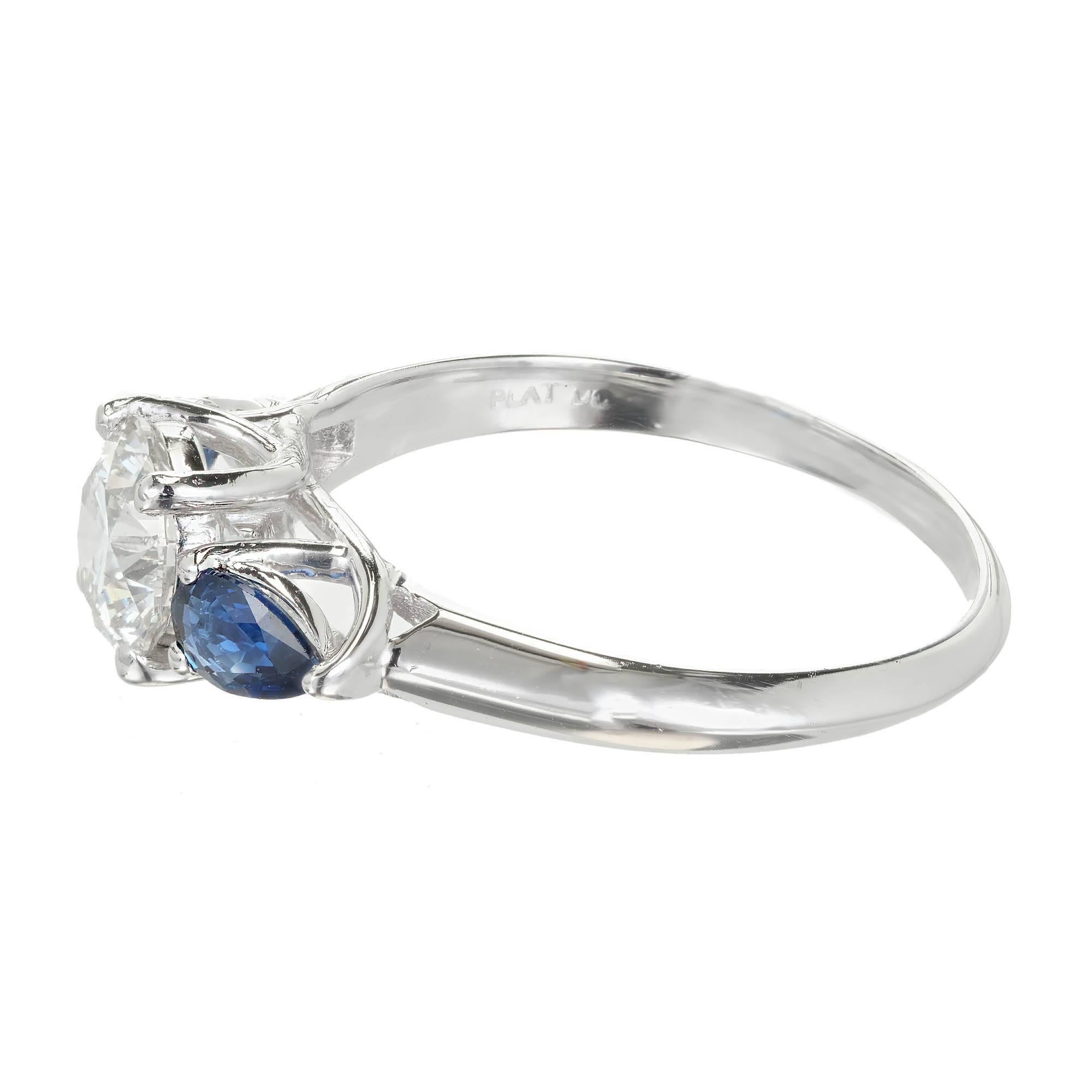 Peter Suchy GIA Round Diamond Sapphire Platinum Engagement Three-Stone Ring In Good Condition For Sale In Stamford, CT