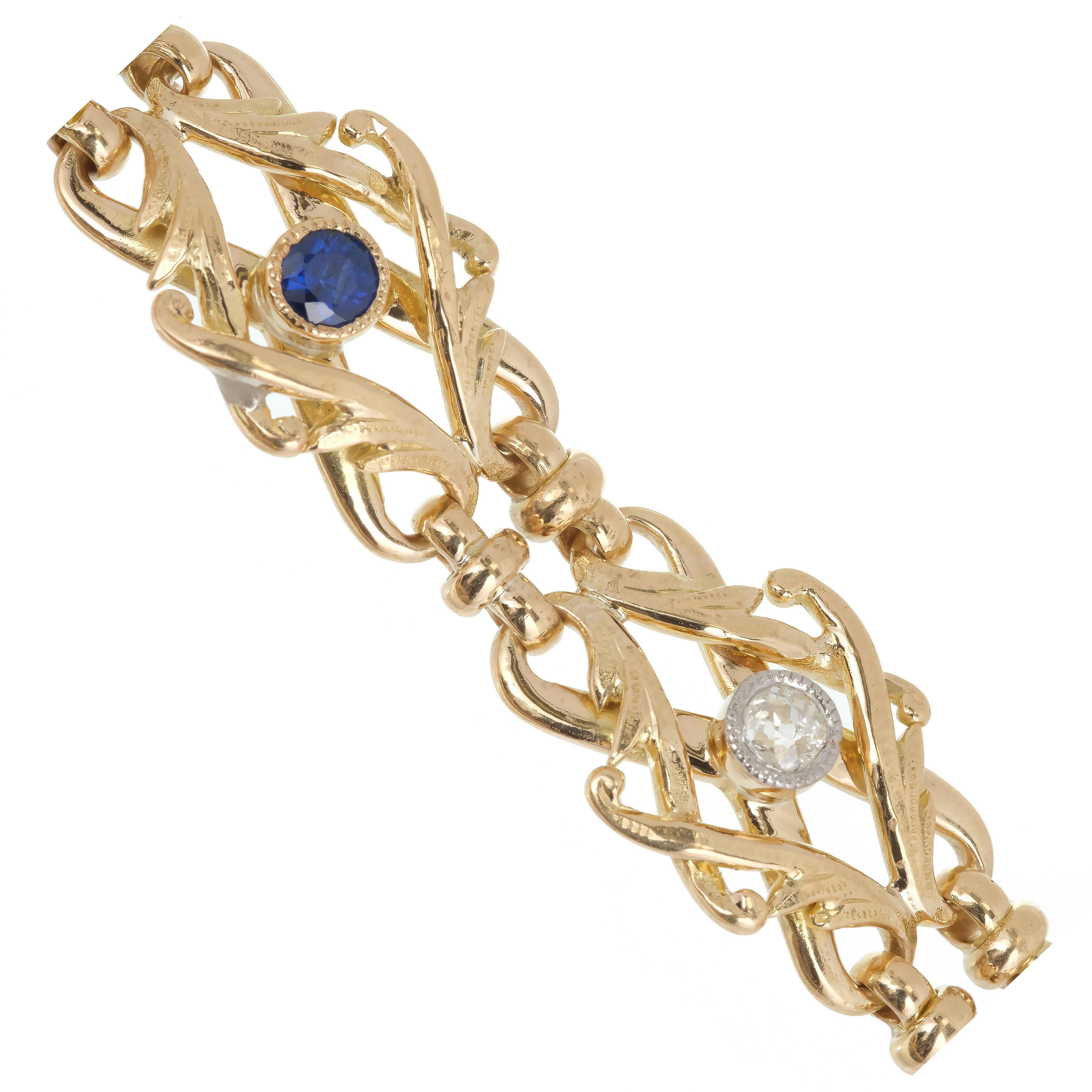 Handmade Art Nouveau early 1900’s 18k yellow gold link bracelet with old mine cut Diamonds and bright blue natural Sapphires GIA certified simple heat only. Hallmarks on tongue.

4 round old European cut Diamonds, approx. total weight .68cts, F – G,