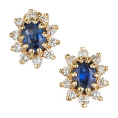 1.20 Carat Oval Sapphire Diamond Halo Gold Earrings