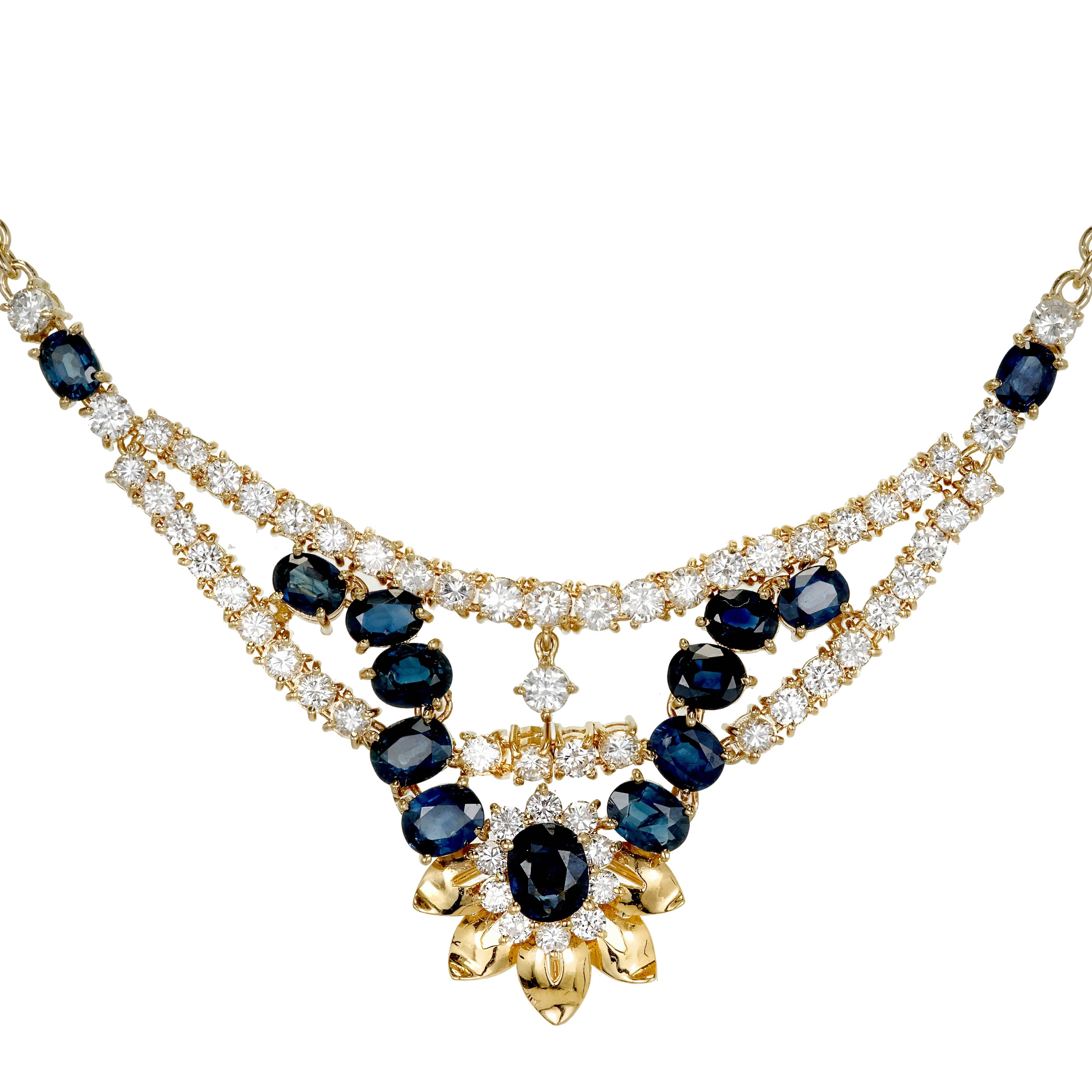 Handmade 18k yellow gold hinged section necklace with fine white bright full cut Diamonds and bright blue natural Sapphires. GIA certified simple heat only no other enhancements. 

58 round full cut Diamonds, approx. total weight 2.00cts, F, VS 
1