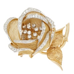 French Diamond En Tremblant Rose Flower Gold Brooche