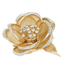 French Diamond En Tremblant Rose Flower Gold Brooche