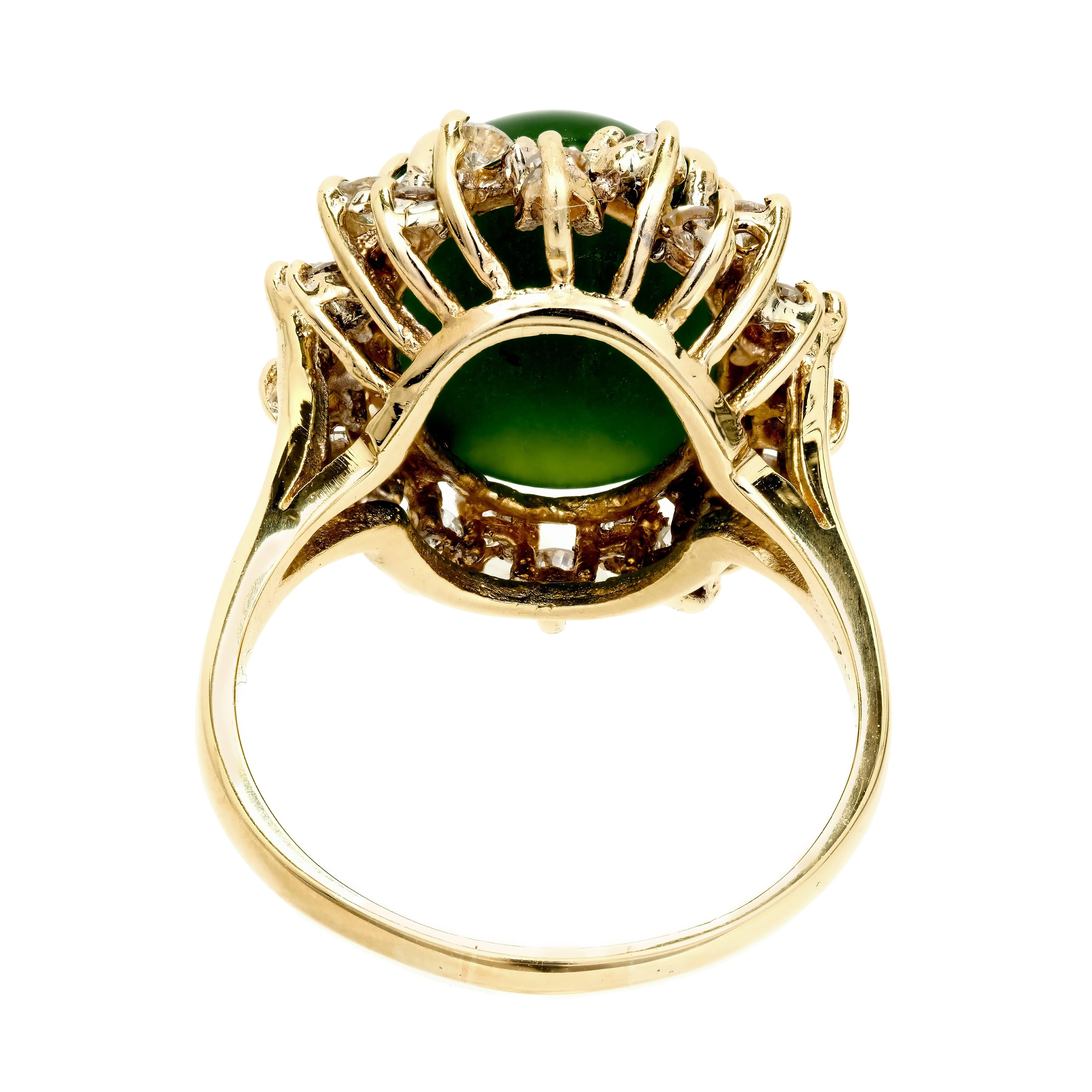 Women's GIA Certified Nephrite Jade Diamond Halo Gold Cocktail Ring