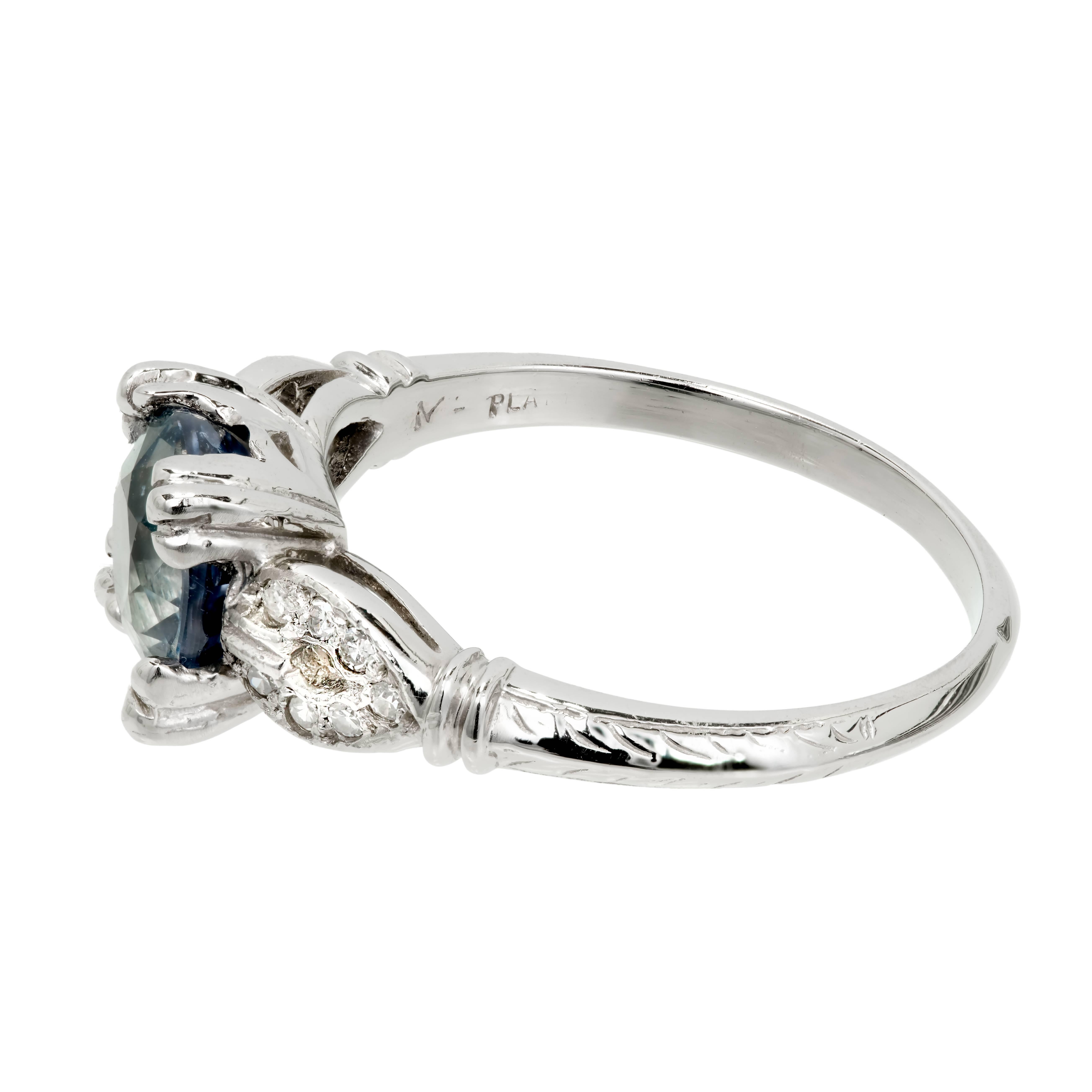 GIA Certified Art Deco Sapphire Diamond Platinum Engagement Ring 2