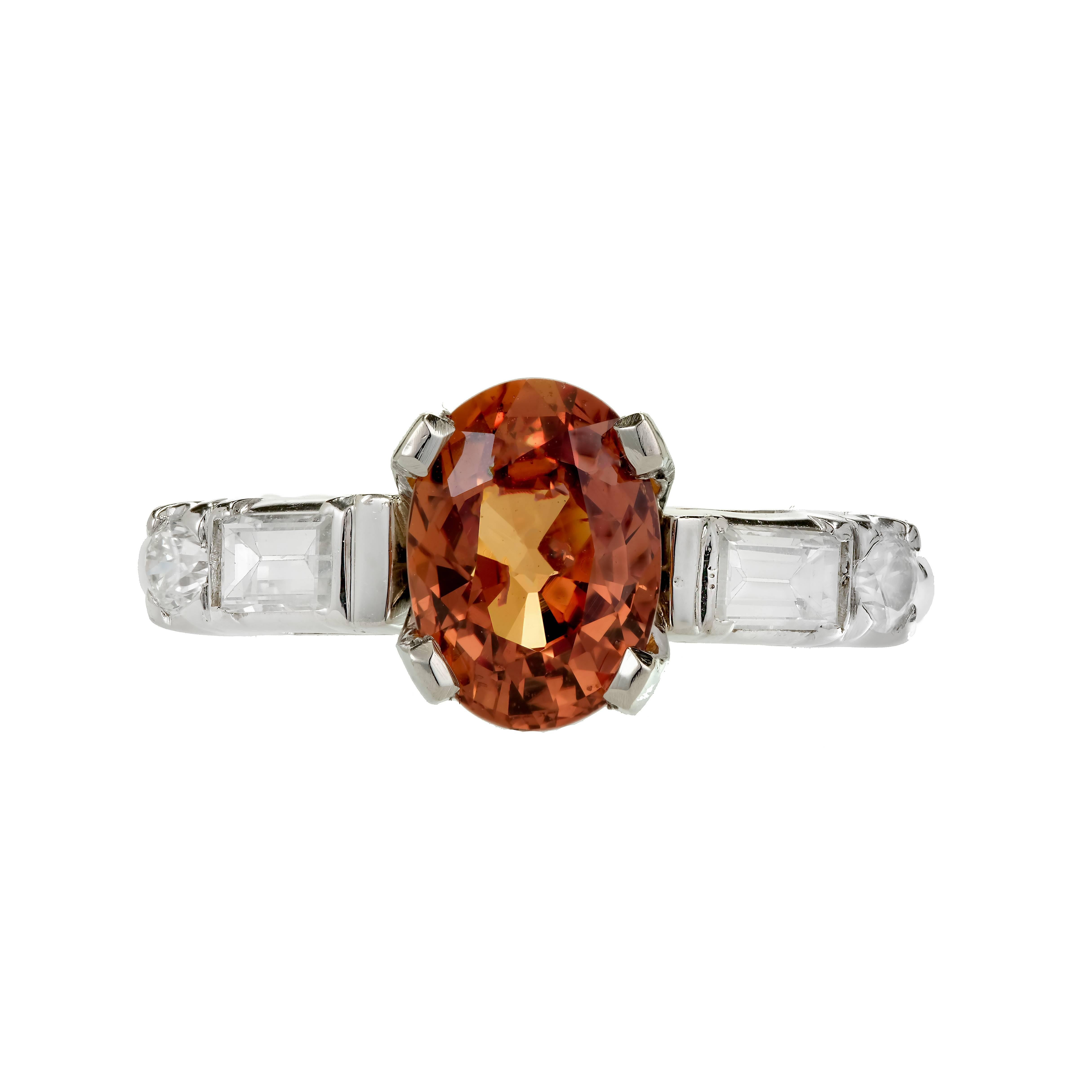 Baguette Cut GIA Certified 2.08 Carat Orange Sapphire Diamond Platinum Engagement Ring For Sale