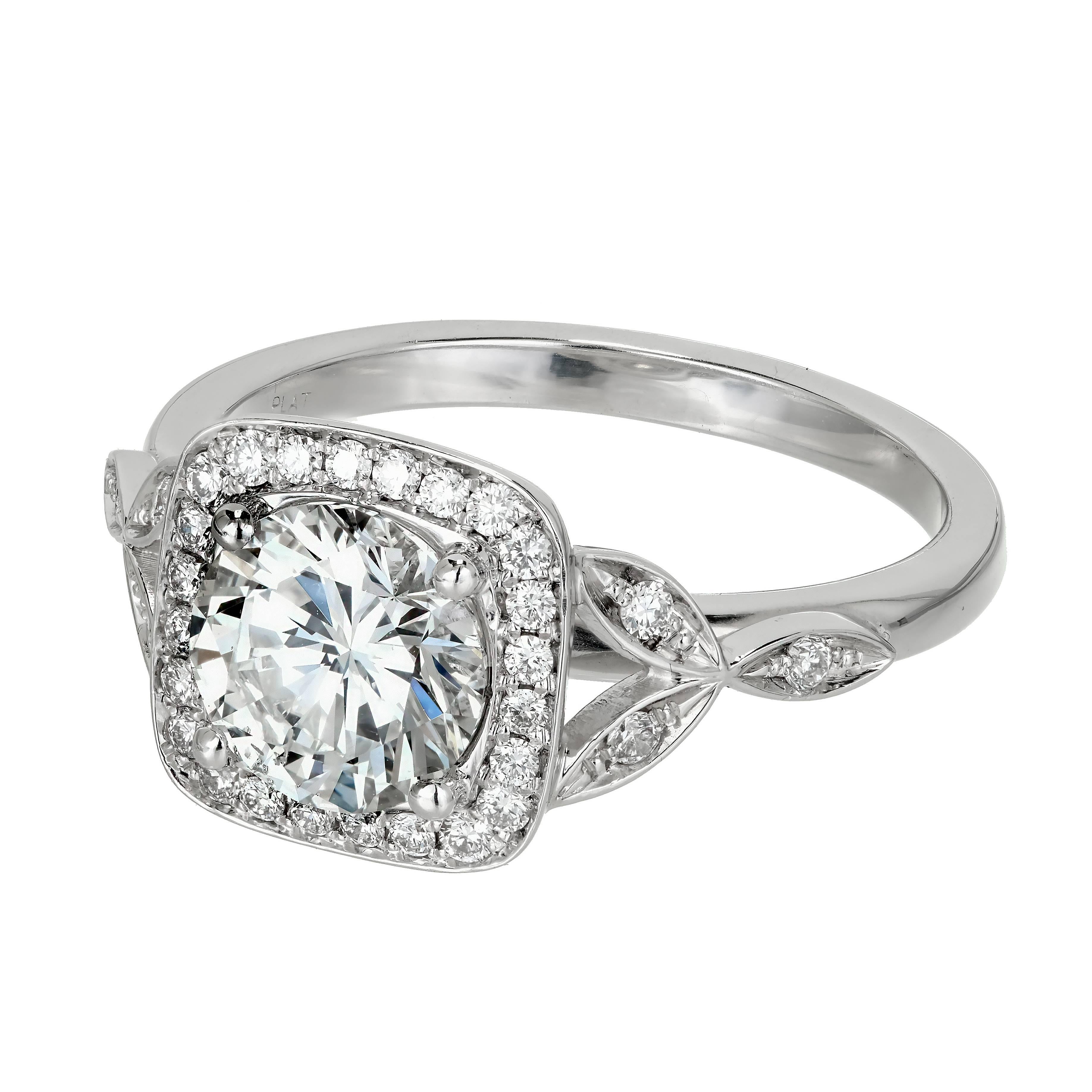 Peter Suchy diamond Platinum engagement ring with a square cushion halo top and flower pedal Diamond sides. The center holds a GIA certified bright white colorless D Diamond with exceptional sparkle and brilliance. The ring is designed so that a