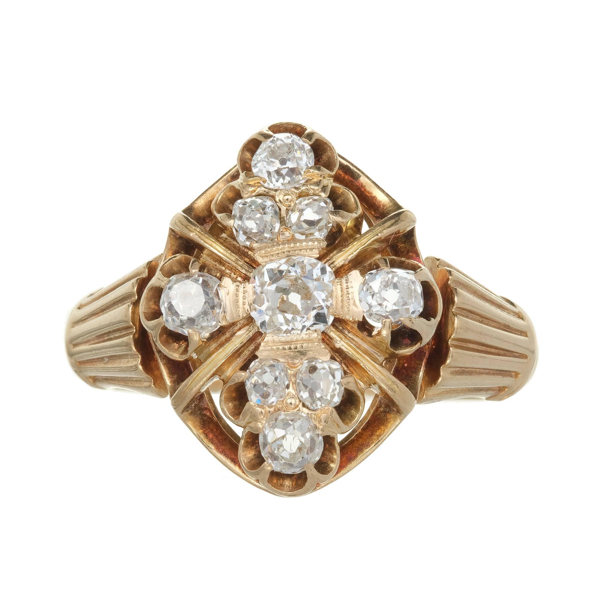  Victorian 1850s Diamond ring with beautiful bright sparkly old mine brilliant cut Diamonds in a 14k yellow gold and natural patina setting .

9 old mine brilliant cut Diamonds, approx. total weight .75cts, I, VS – SI
Size 6.5 and sizable
14k rose