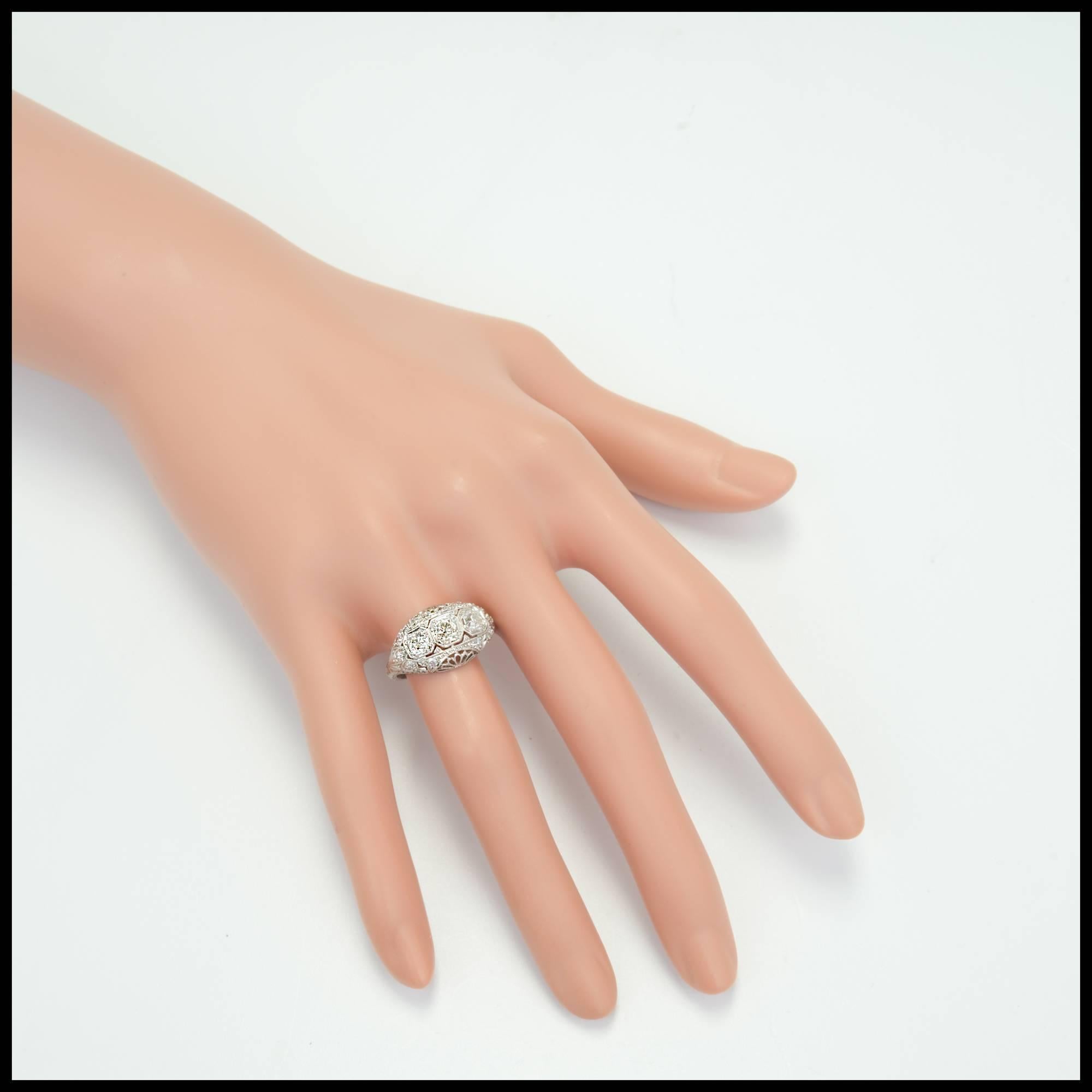 Old European Cut Diamond Three-Stone Platinum Filigree Dome Engagement Ring