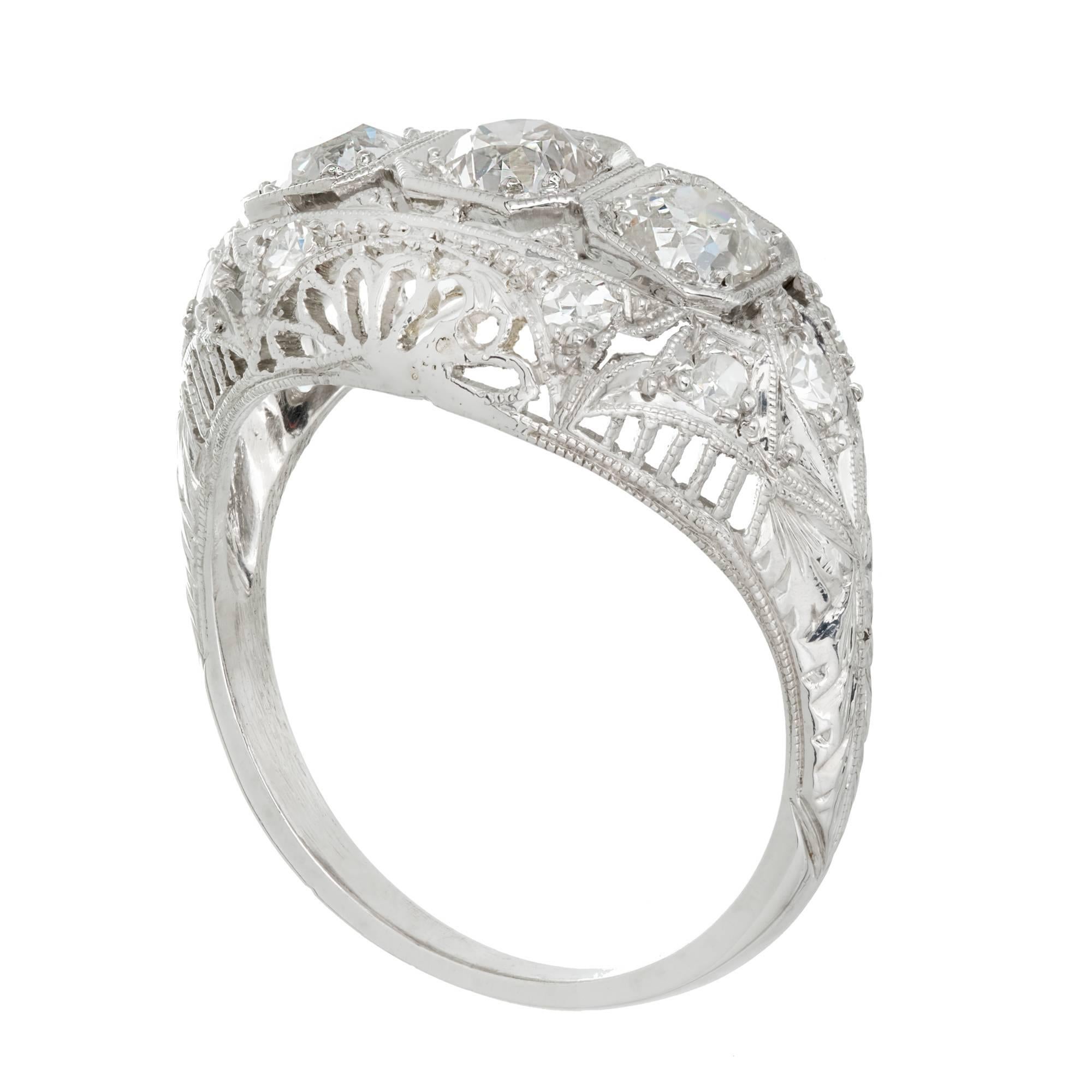 Diamond Three-Stone Platinum Filigree Dome Engagement Ring In Good Condition In Stamford, CT