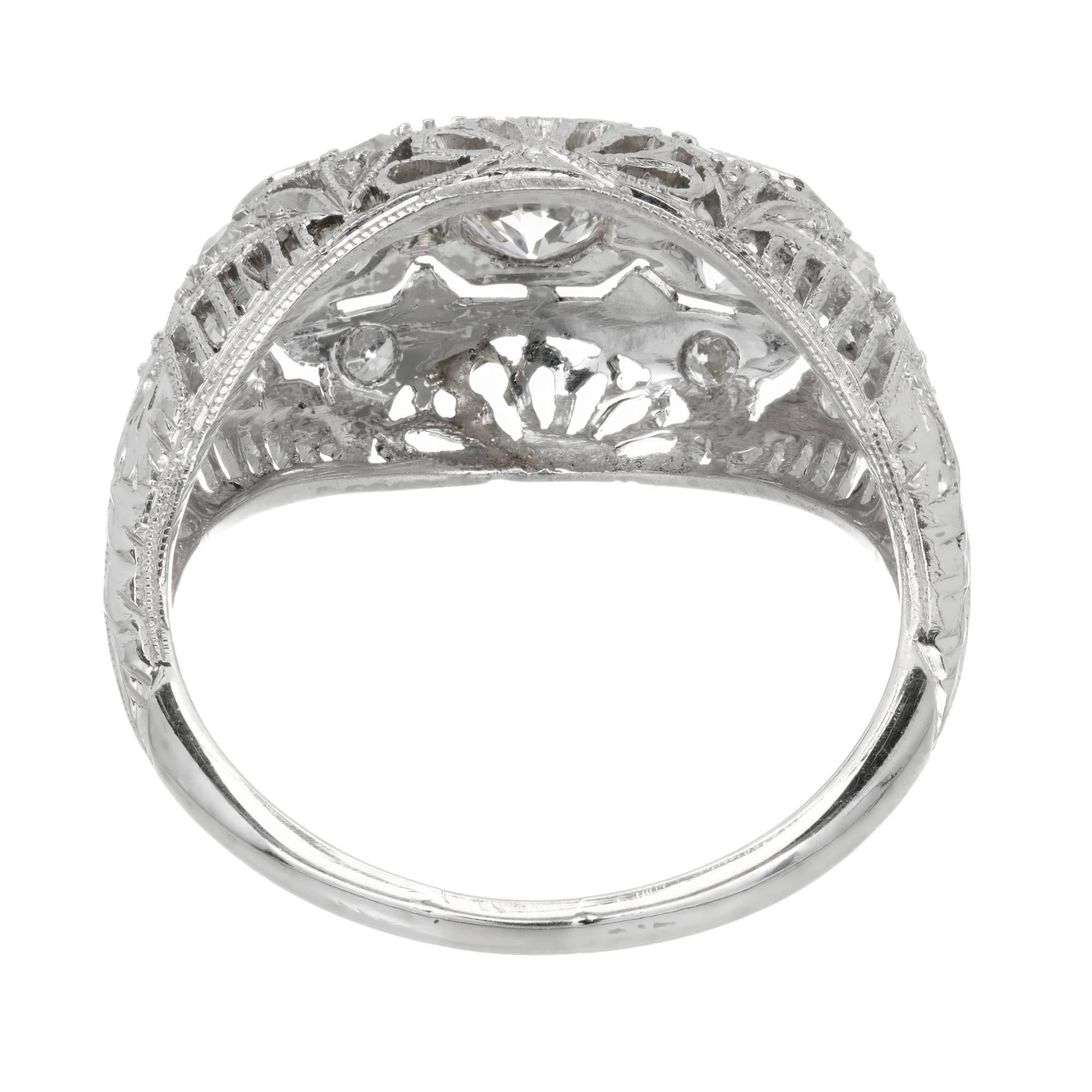 Diamond Three-Stone Platinum Filigree Dome Engagement Ring 1
