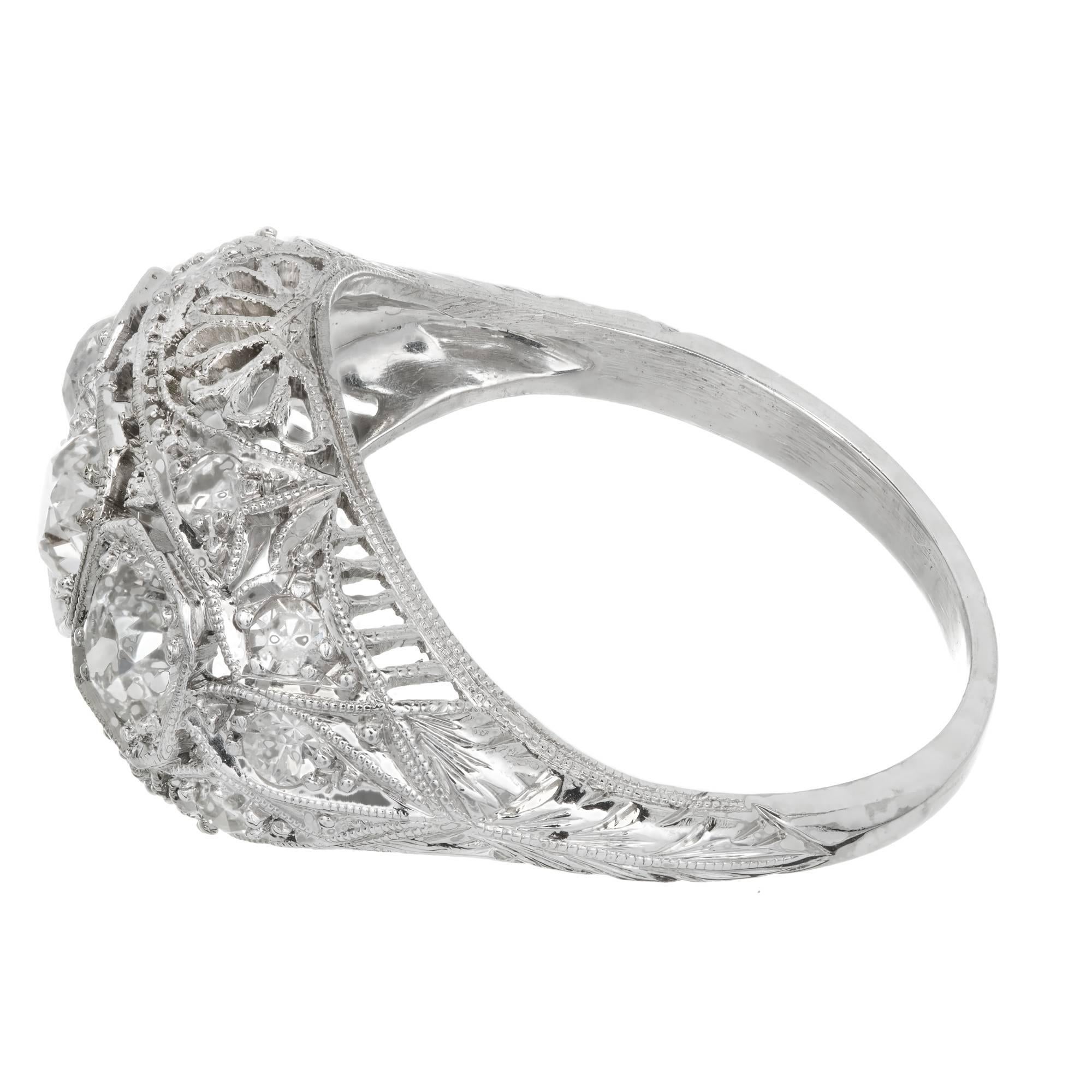 Diamond Three-Stone Platinum Filigree Dome Engagement Ring 2