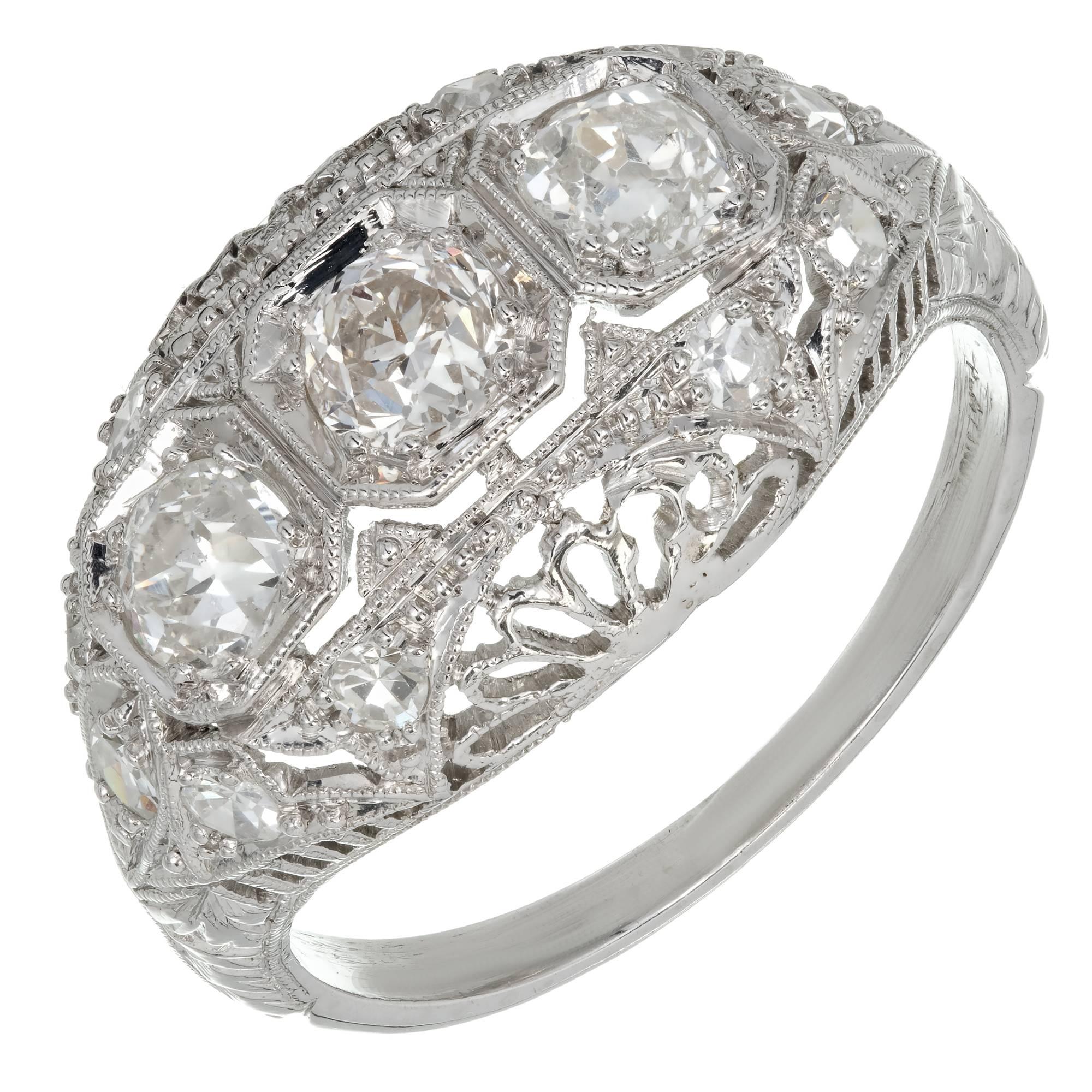 Diamond Three-Stone Platinum Filigree Dome Engagement Ring 3
