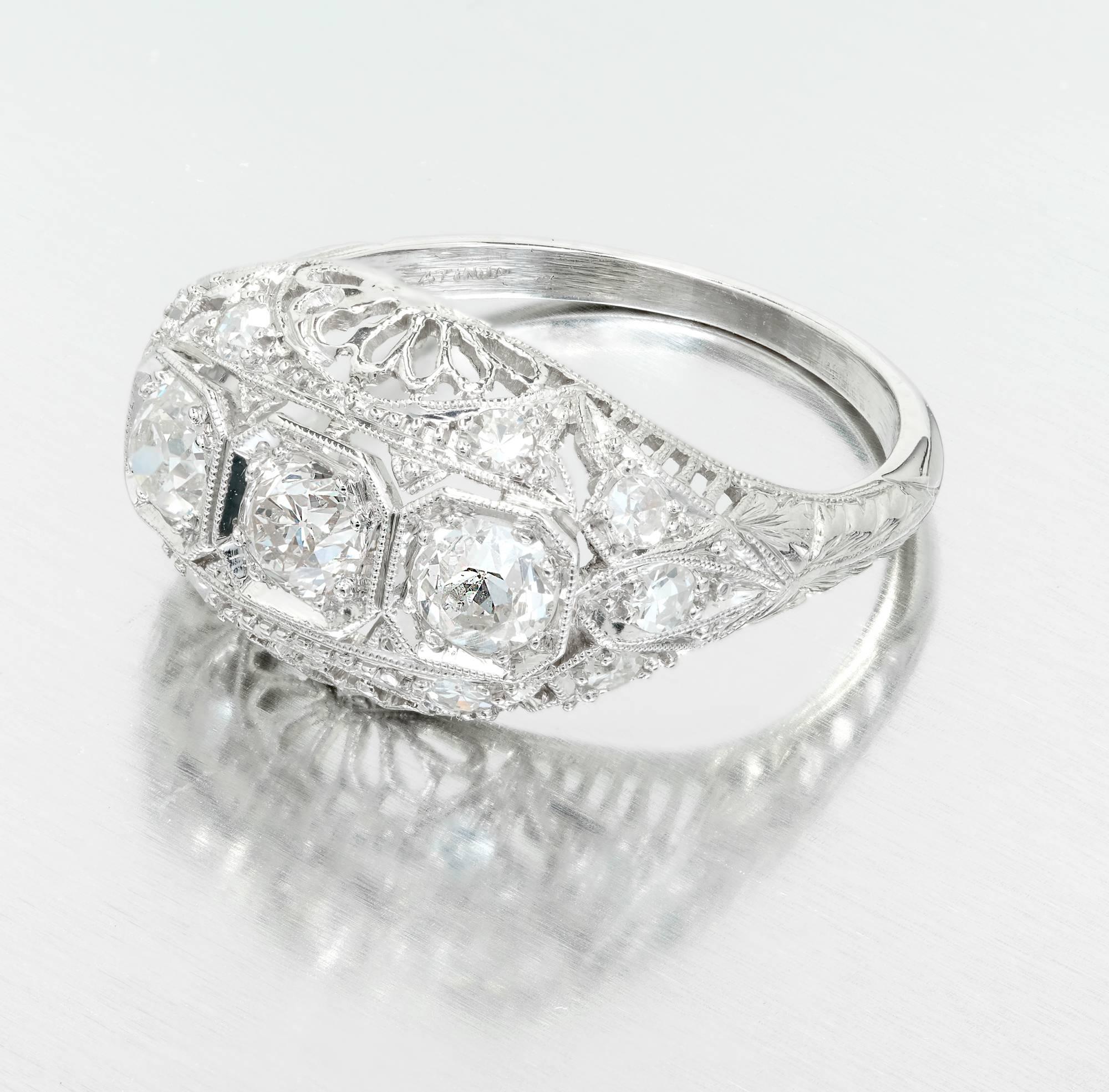 Diamond Three-Stone Platinum Filigree Dome Engagement Ring 4