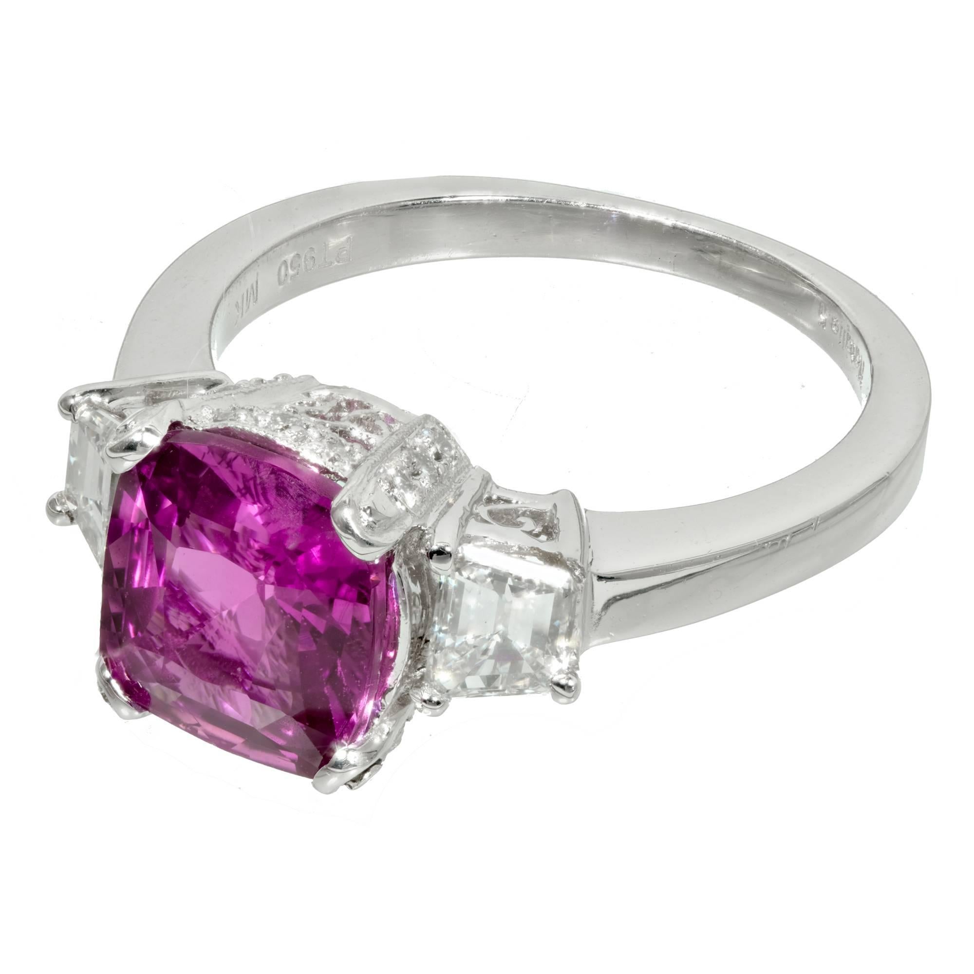 Peter Suchy cushion cut natural purple pink GIA certified no heat Sapphire and diamond three-stone platinum engagement ring. 

1 cushion cut purplish pink Sapphire, approx. total weight 2.76cts, VS, 8.69 x 8.06 x 4.31mm, GIA certificate