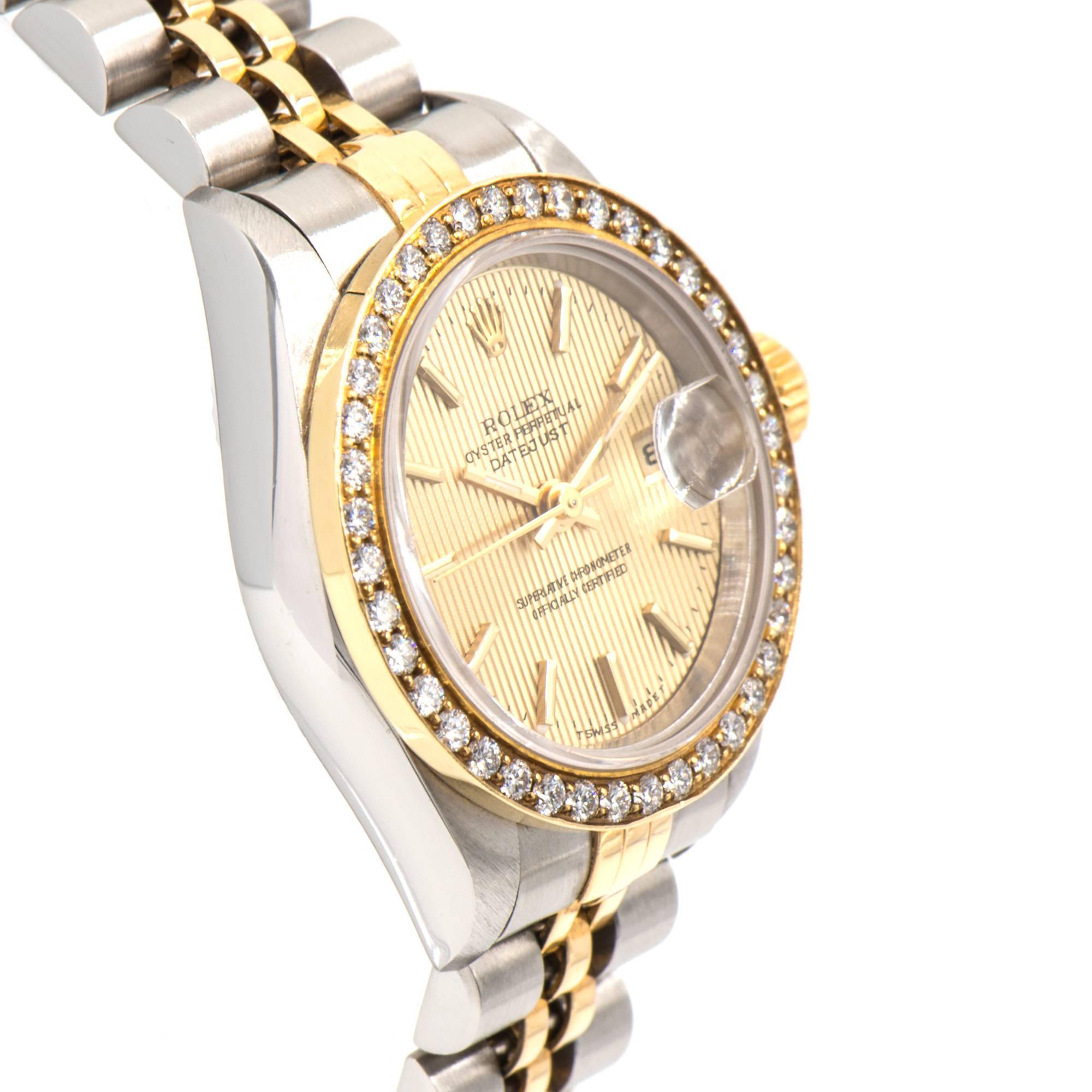 Rolex Ladies Yellow Gold Stainless Steel Datejust Diamond Bezel Wristwatch   In Good Condition In Stamford, CT