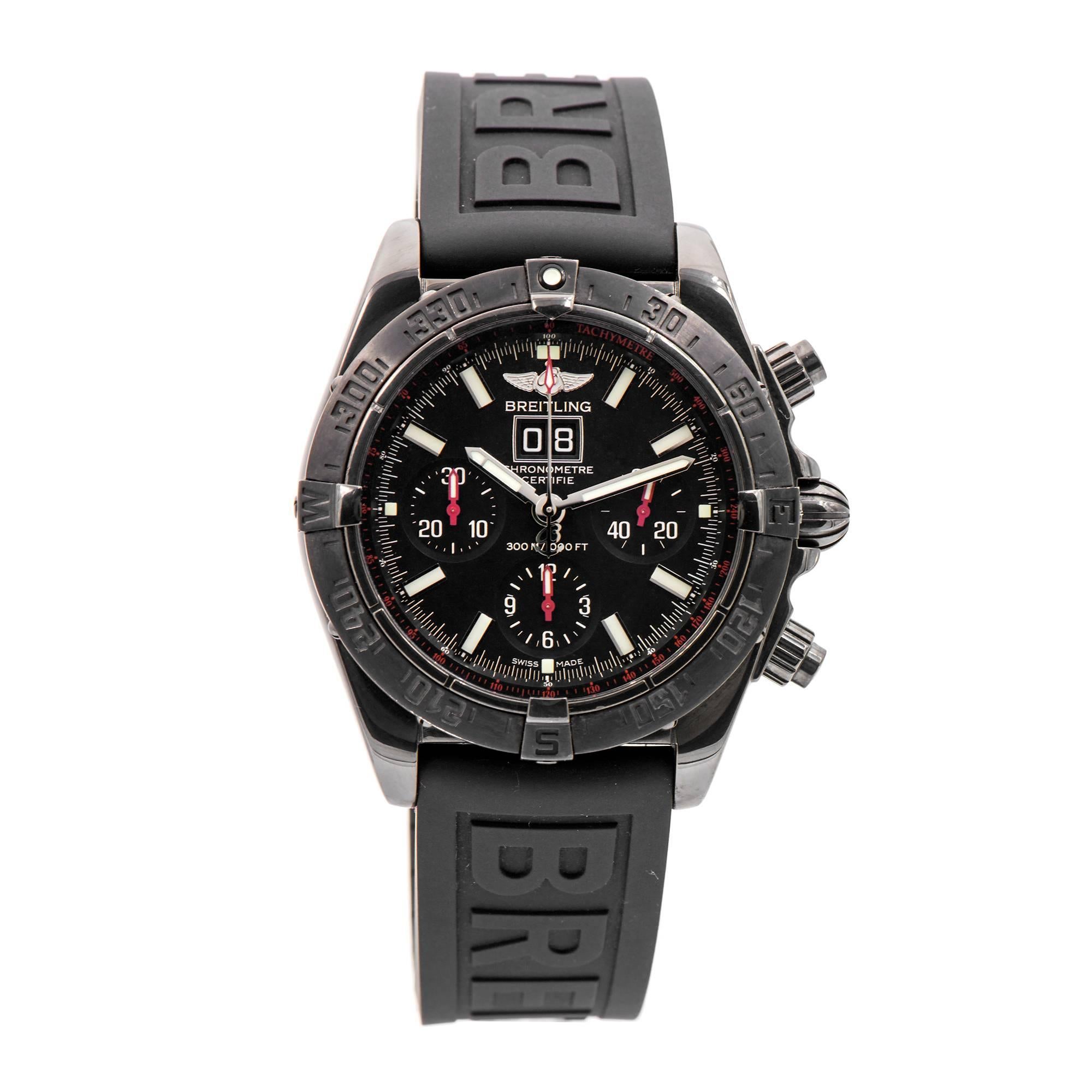 Breitling Blackbird limited edition #1145 of 2000 made. M44359 with automatic movement, 44mm black steel case, black and red dial, brand new black rubber Breitling band. Functions include hours, minutes, small seconds, date chronograph and