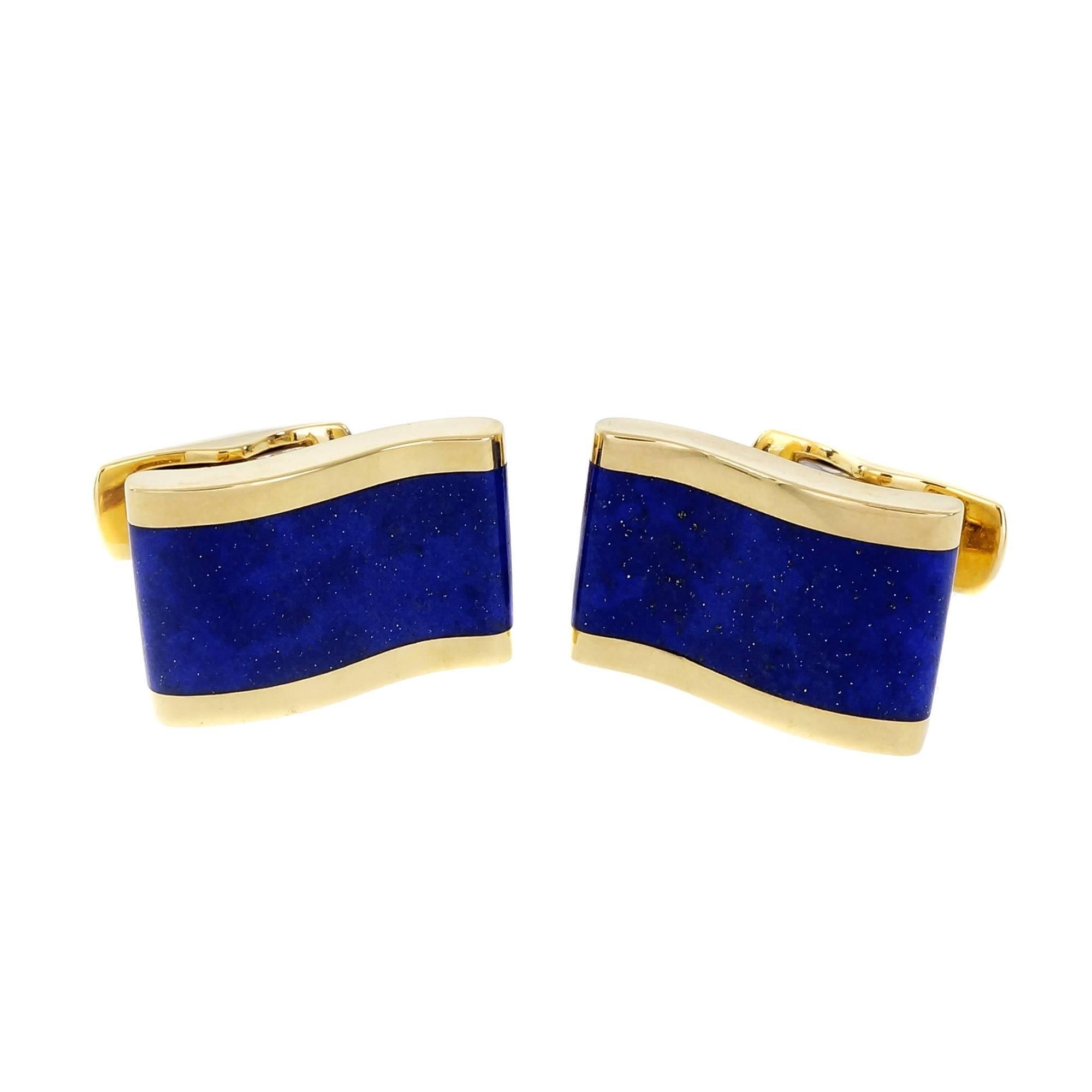 Blue Lapis Wave Design Yellow Gold Cufflinks