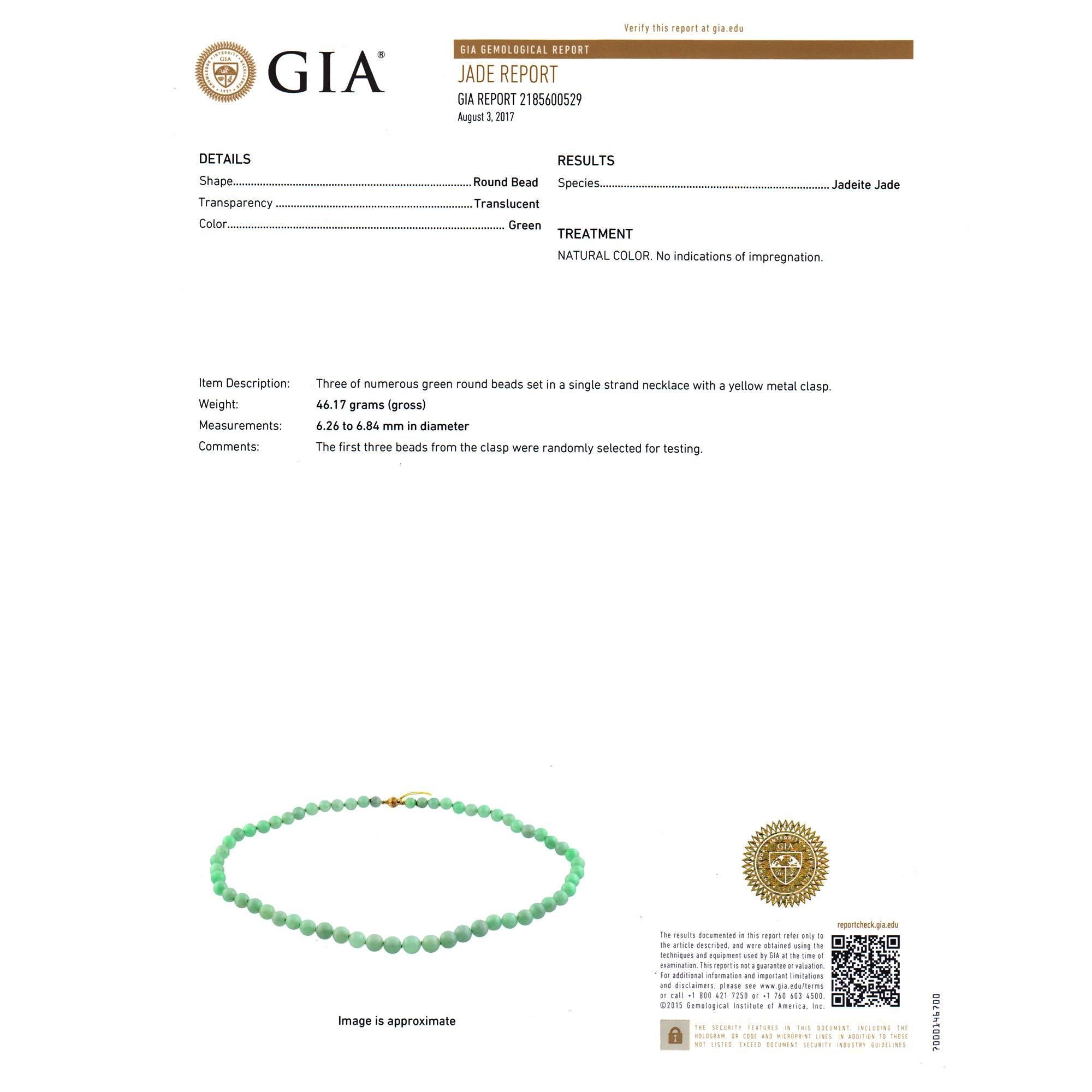 GIA Certified Natural Jadeite Jade Bead Gold Necklace In Good Condition In Stamford, CT