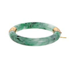GIA Certified Oversize Jadeite Jade Mottled Green Hinged Gold Bangle Bracelet